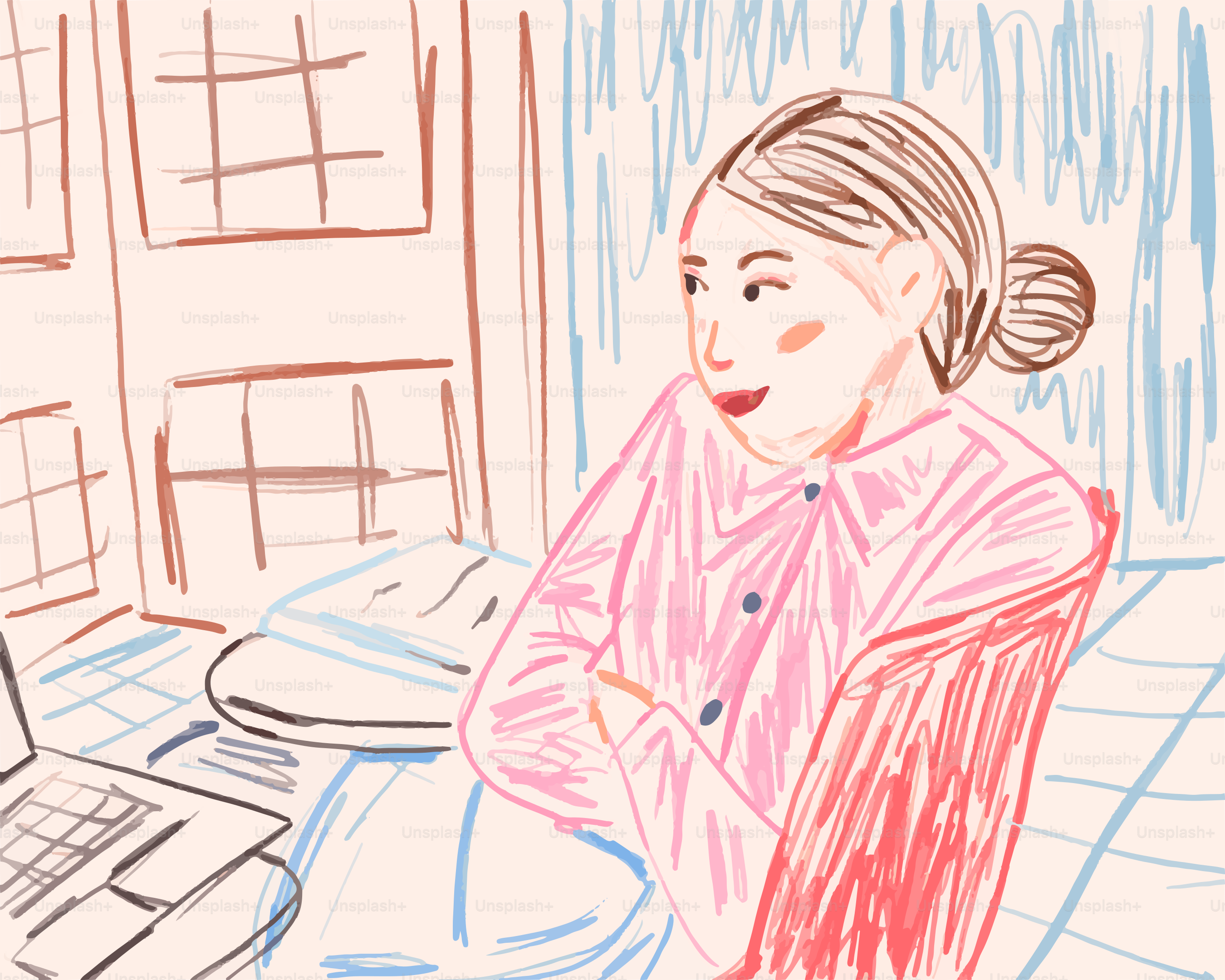 Woman confidently sits at a desk, gazing.