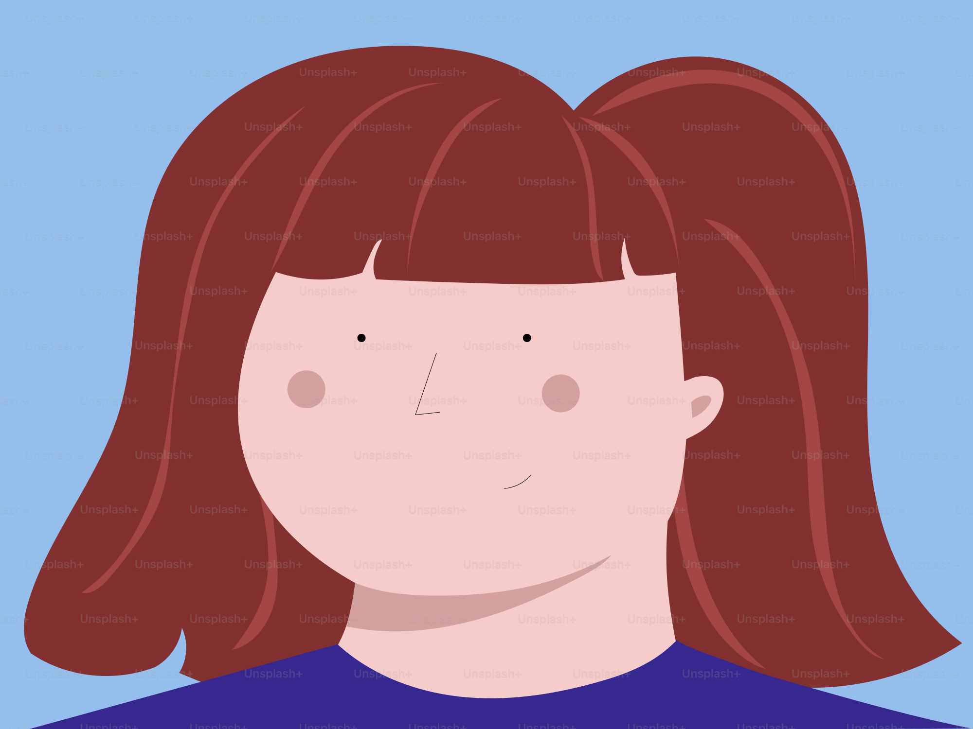 A cartoon girl with brown hair looks forward.