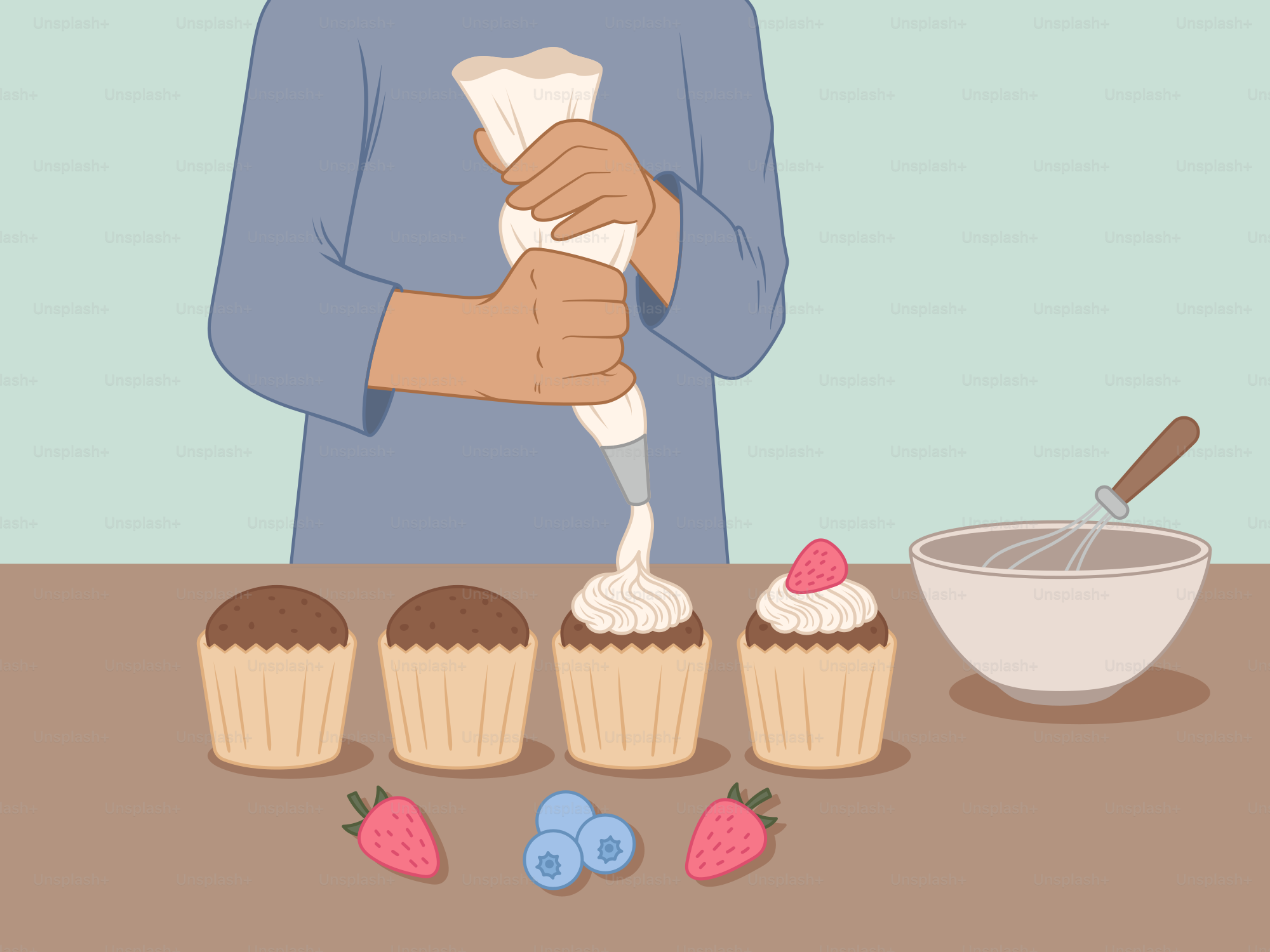 Quelqu’un est en train de glacer des cupcakes avec des garnitures de fruits frais.