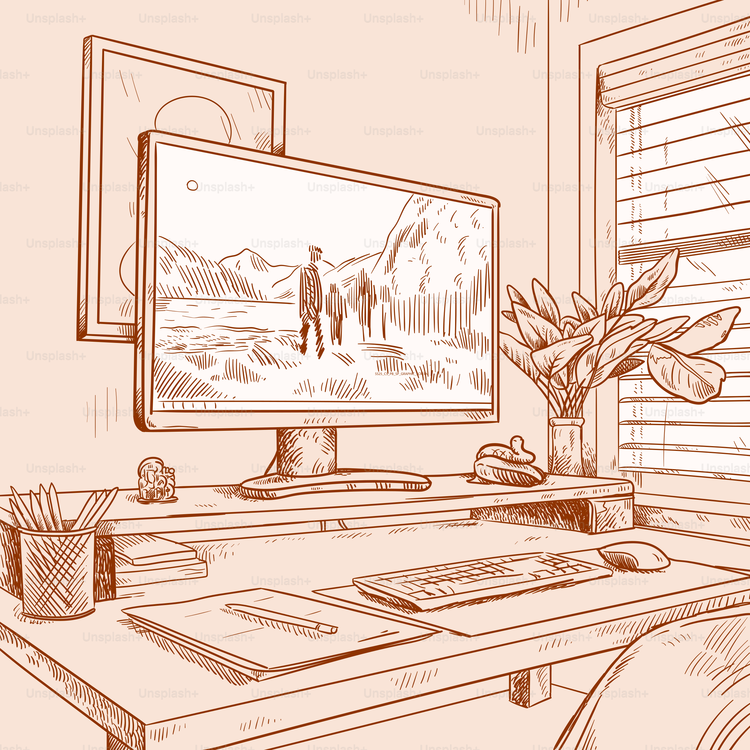 Le bureau douillet comprend un ordinateur avec une scène de montagne.