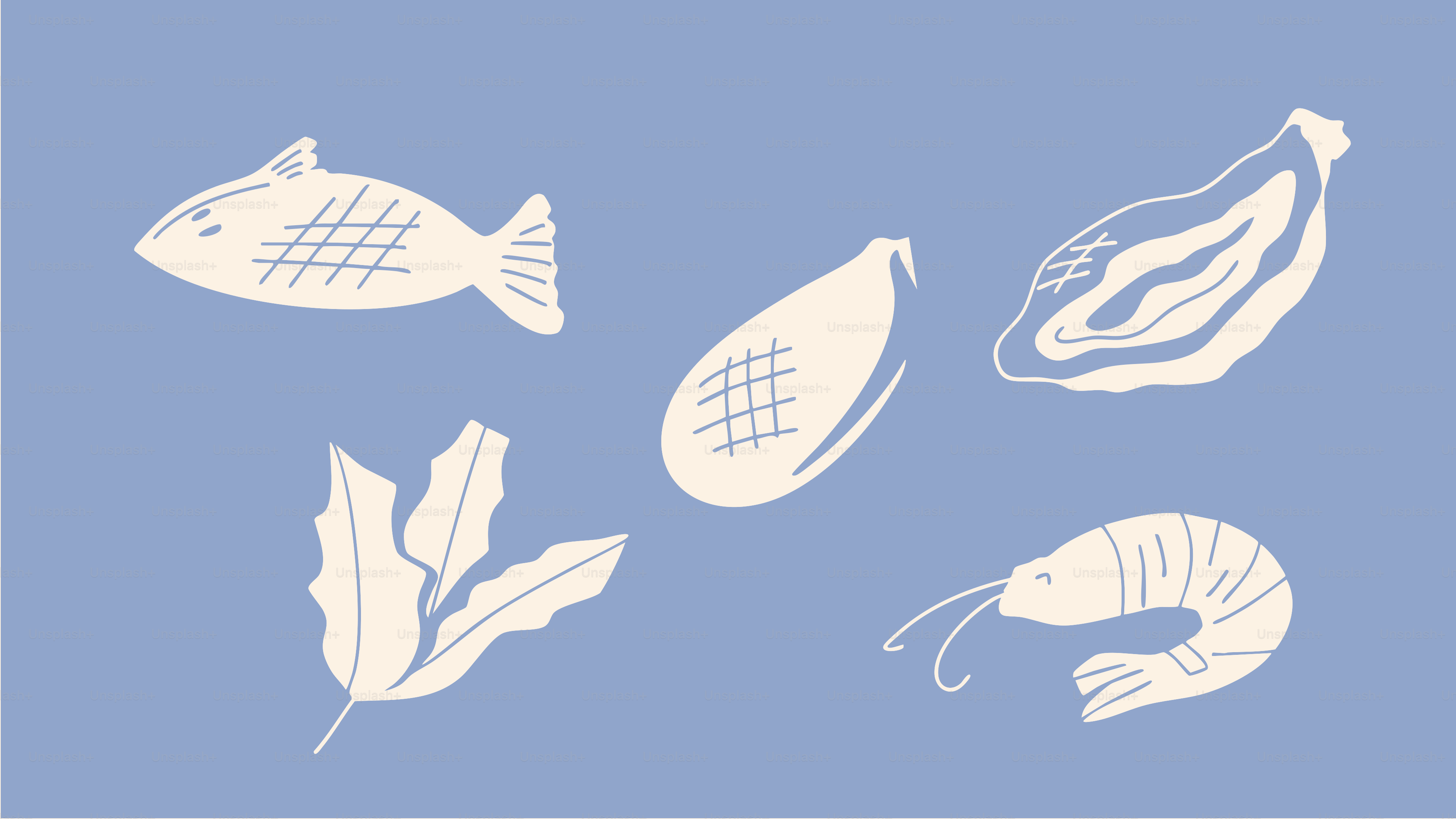 Seafood illustrations including fish, seaweed, and shellfish.