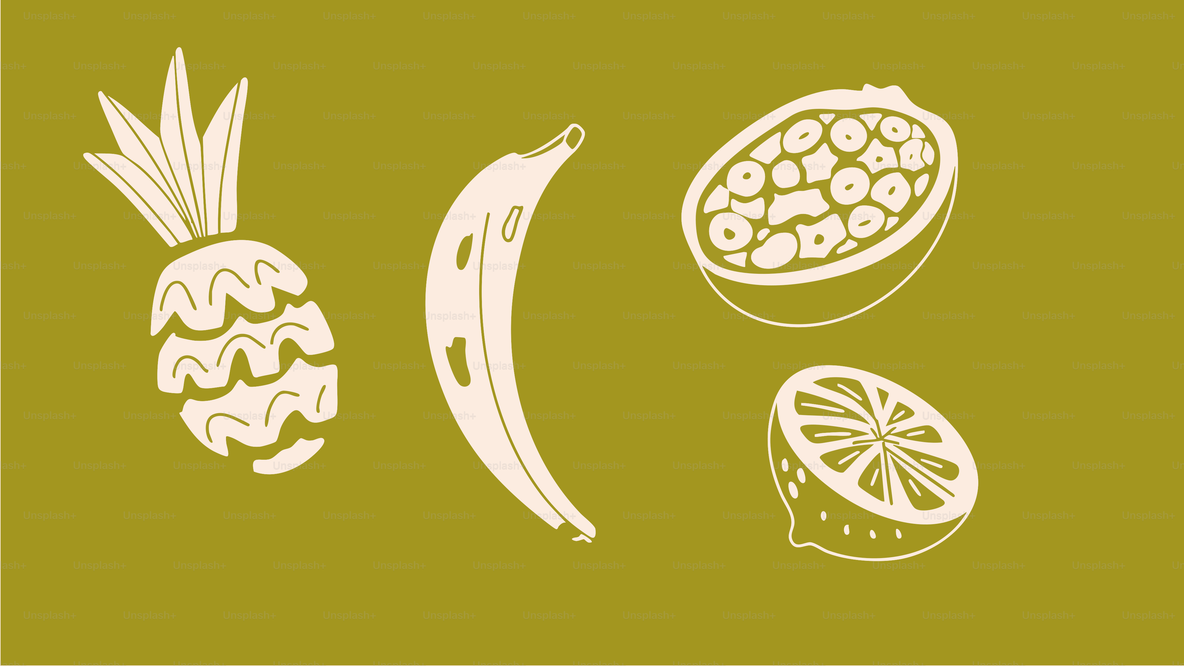 Les fruits incluent un ananas, une banane et d’autres.