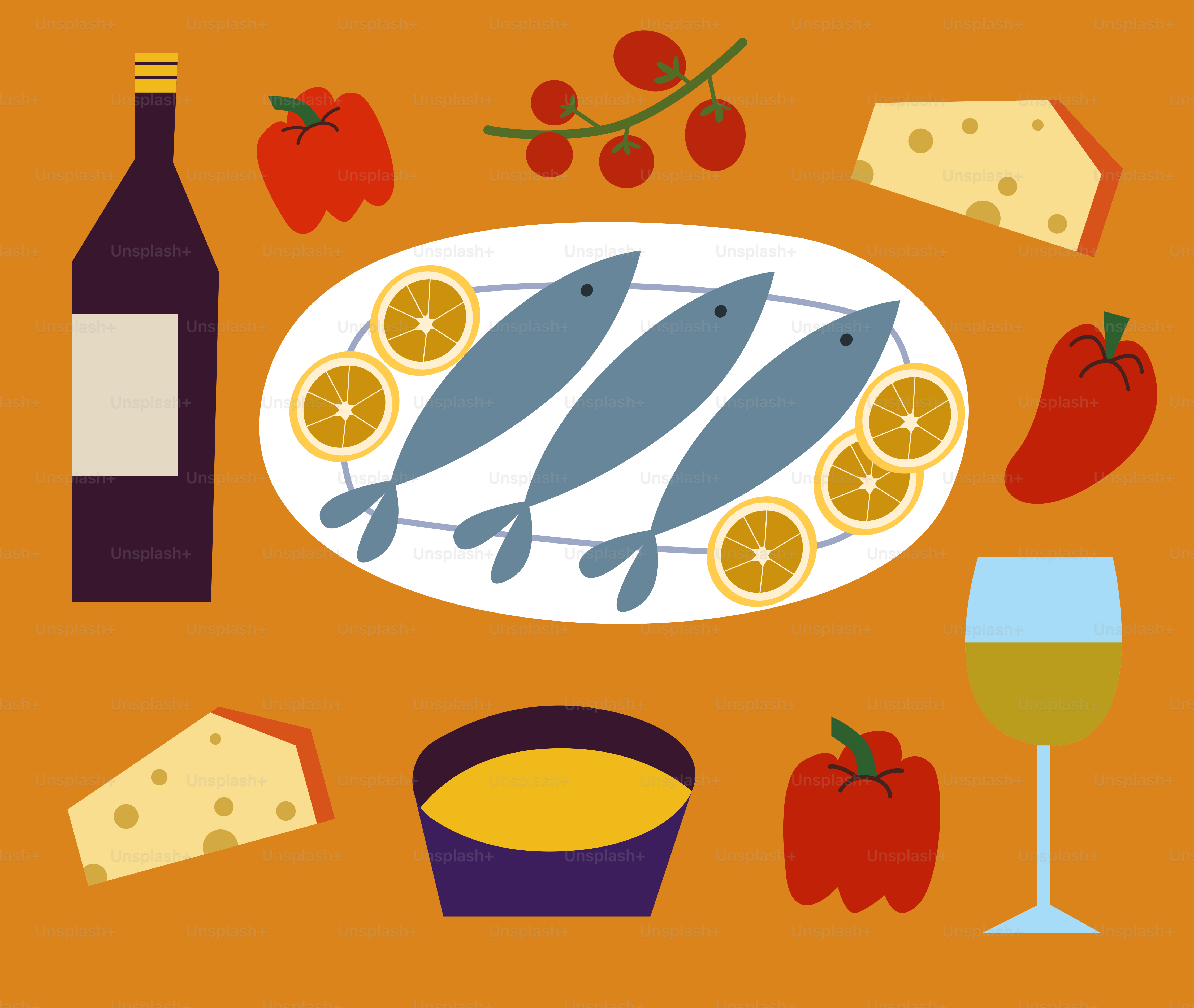Wine, fish, cheese, and vegetables make a delicious meal.