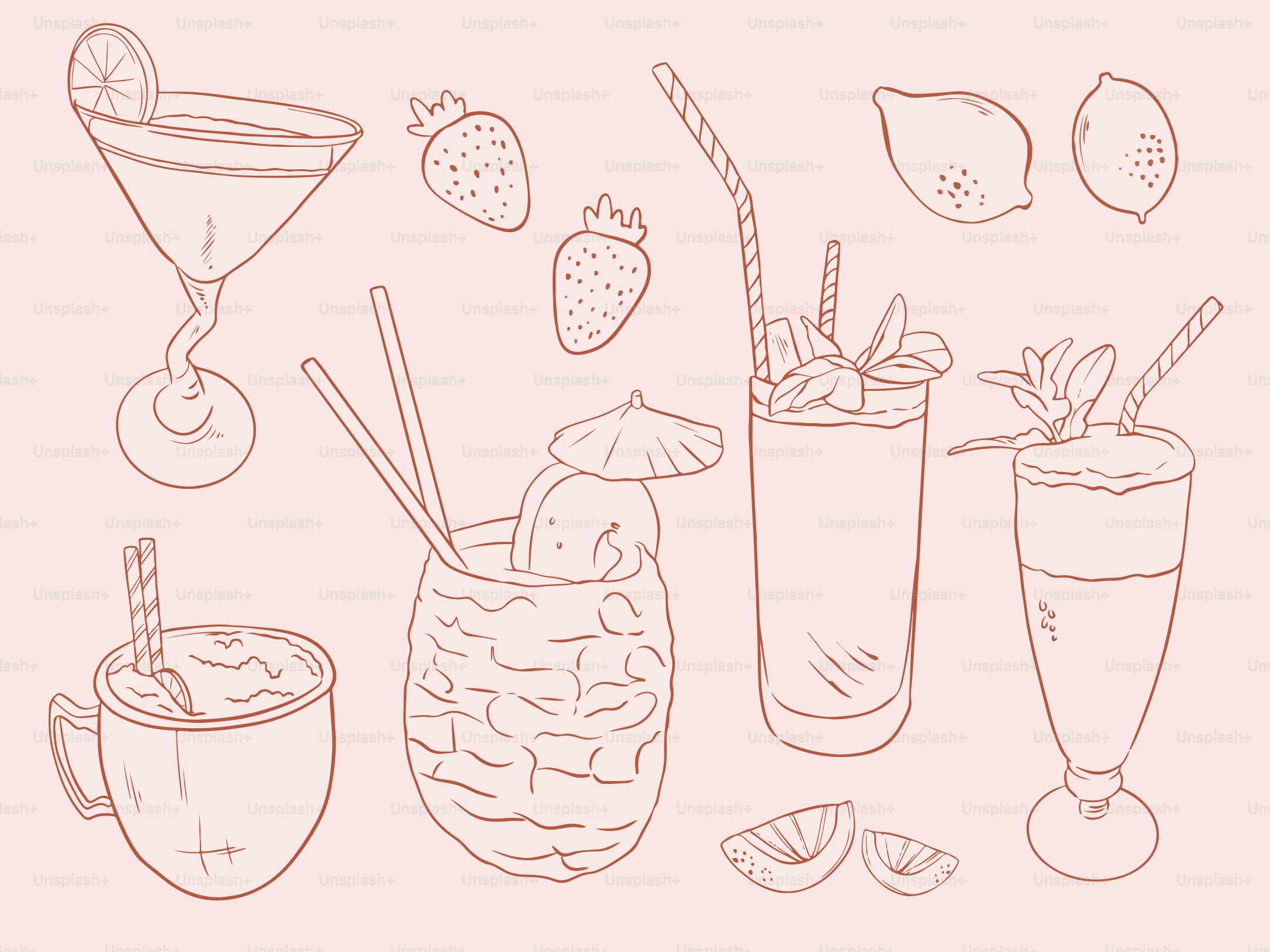 Cocktails, strawberries, and lemons: a refreshing illustration.