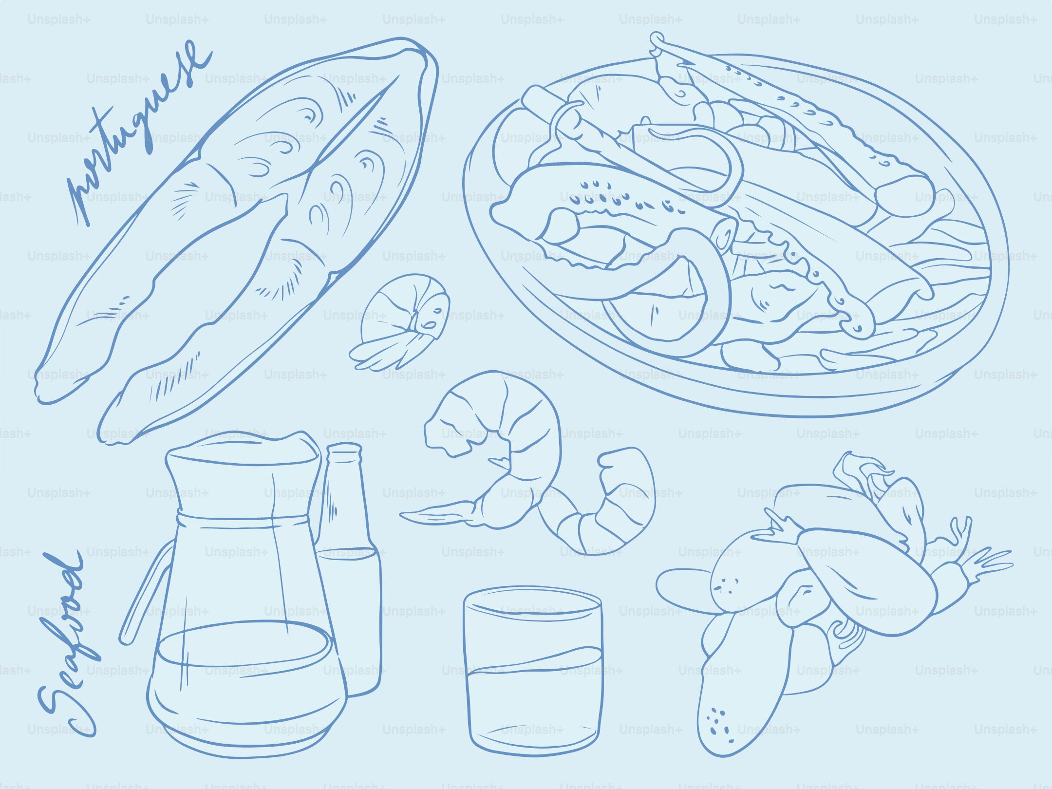 Line drawing shows portuguese seafood items.