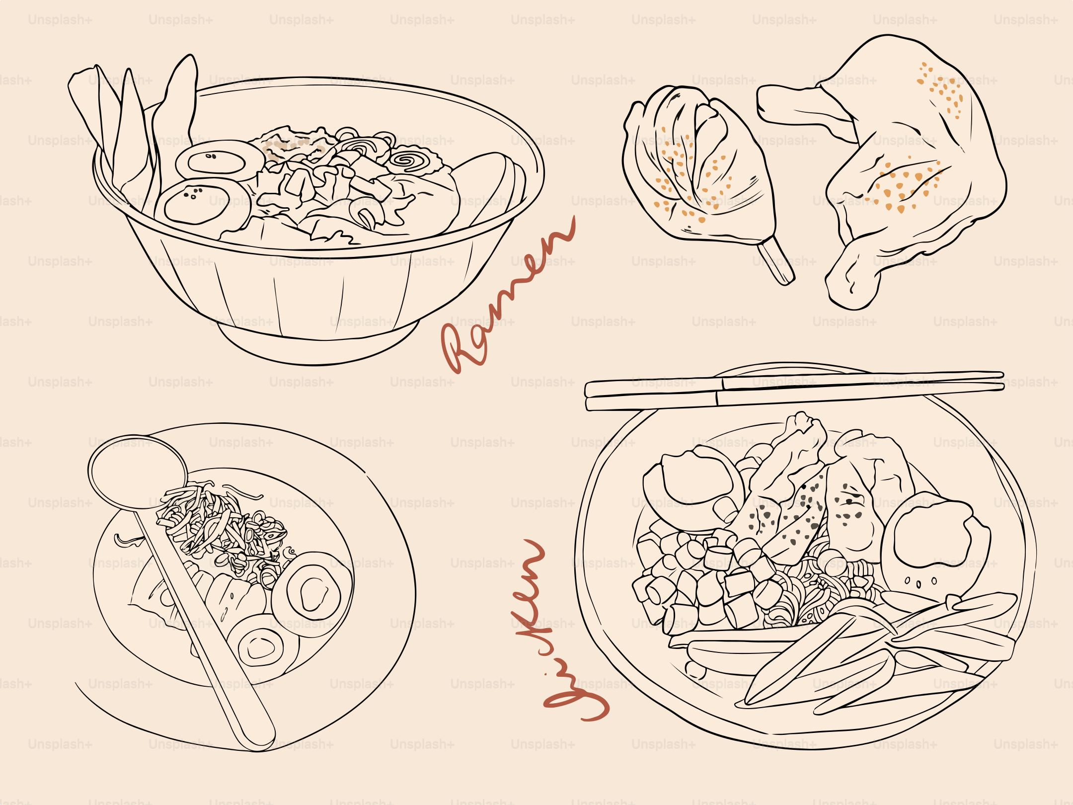 Line drawings of japanese food, including ramen.