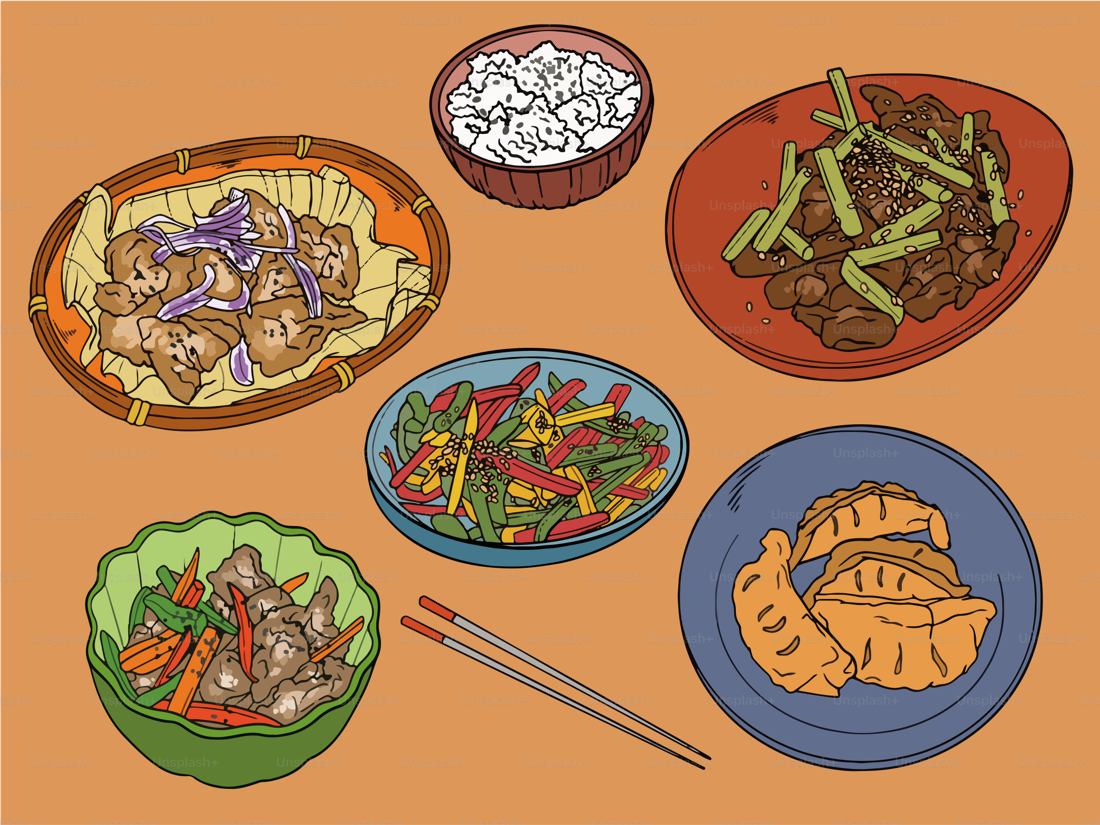 Asian dishes are laid out and ready to eat.