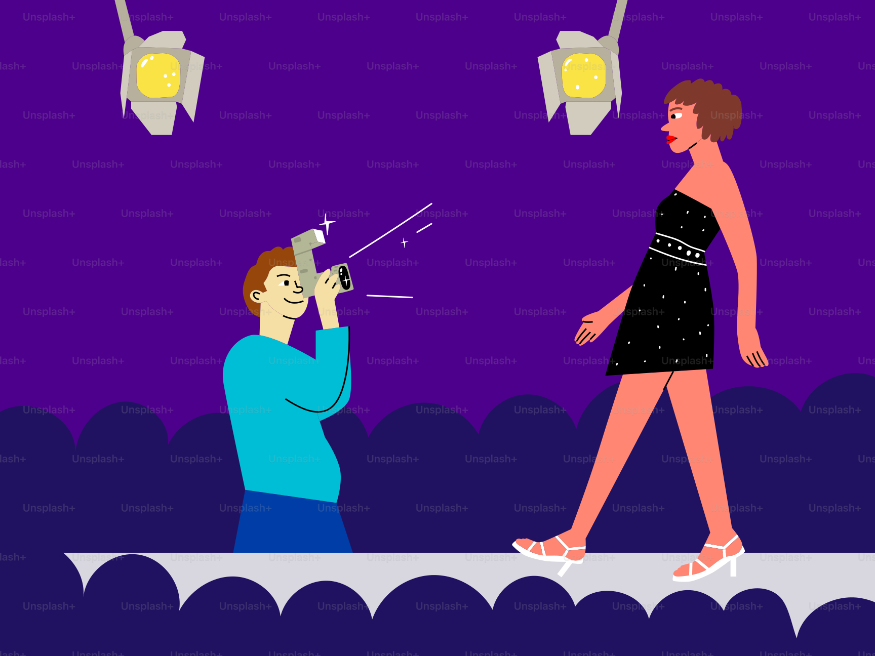 Photographer takes photo of a model on a runway.