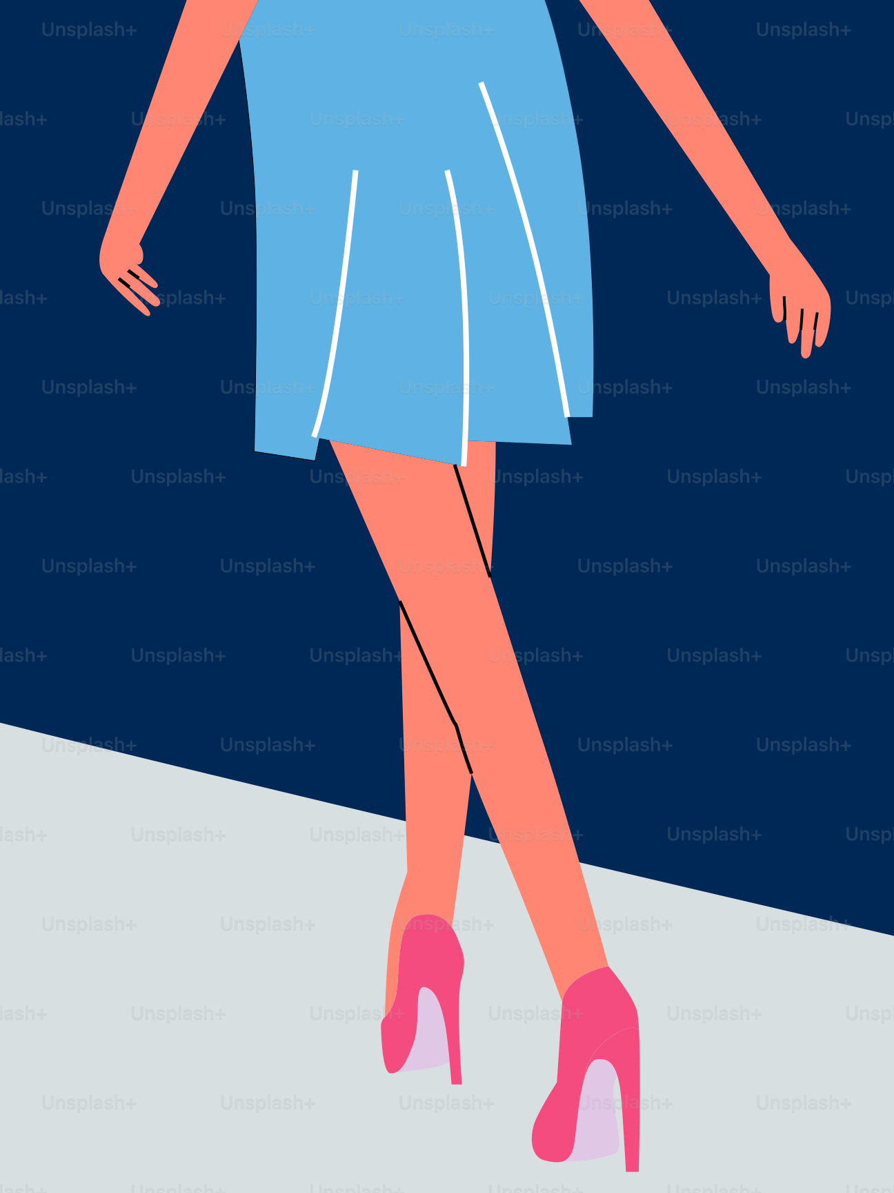 Woman in a blue dress is walking.