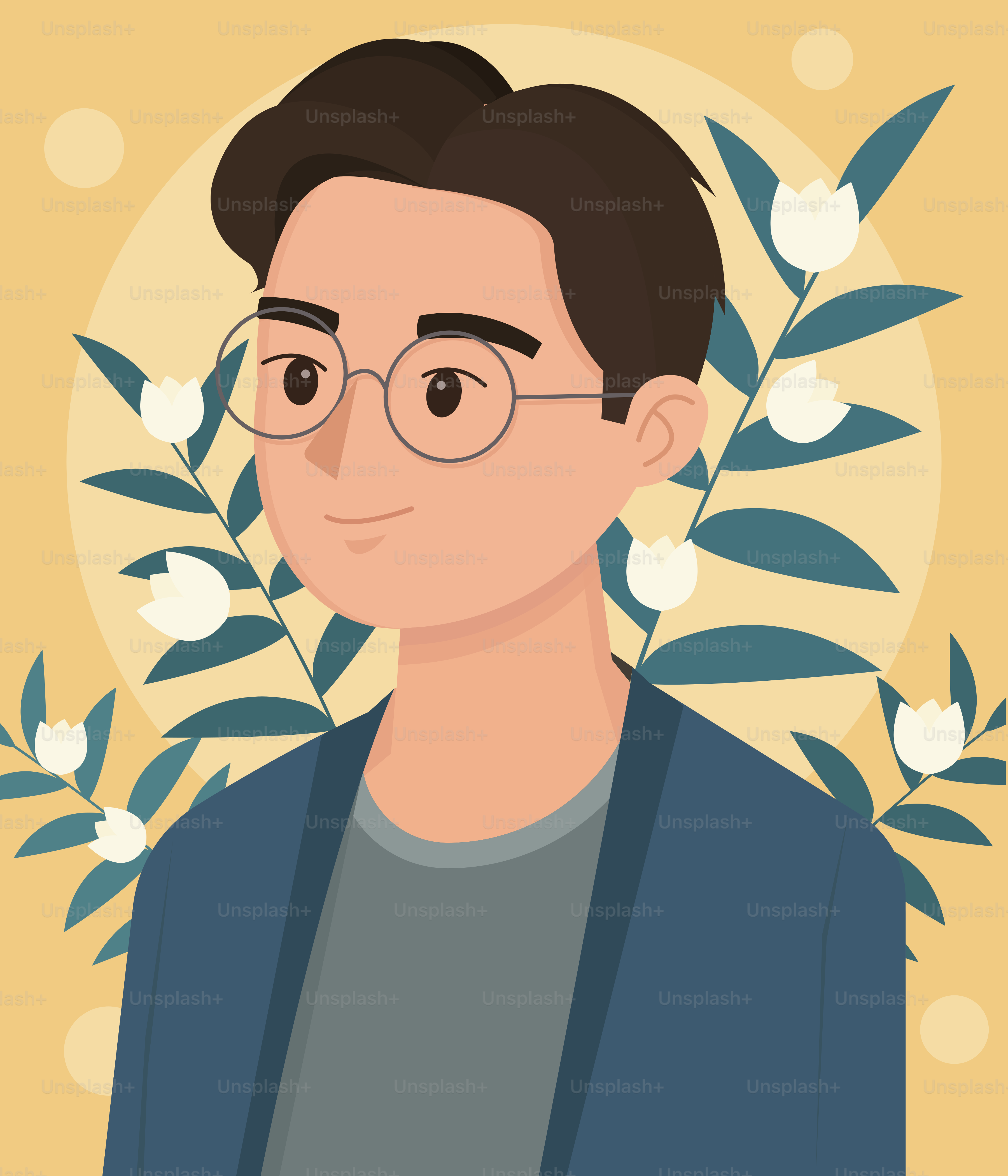 A cartoon man wearing glasses with flowers.