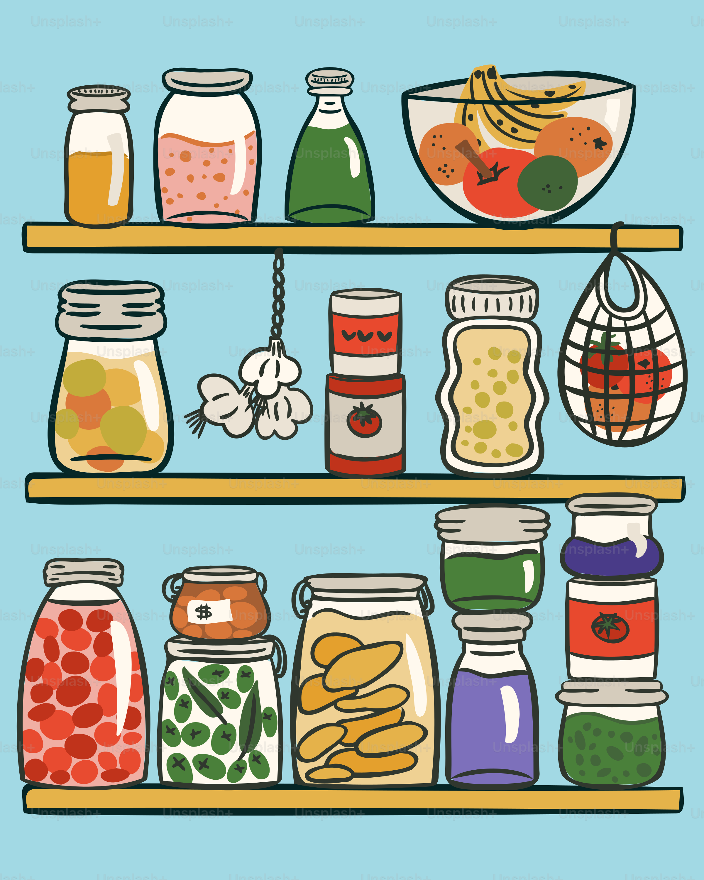 Jars of fruits and vegetables sit on shelves.