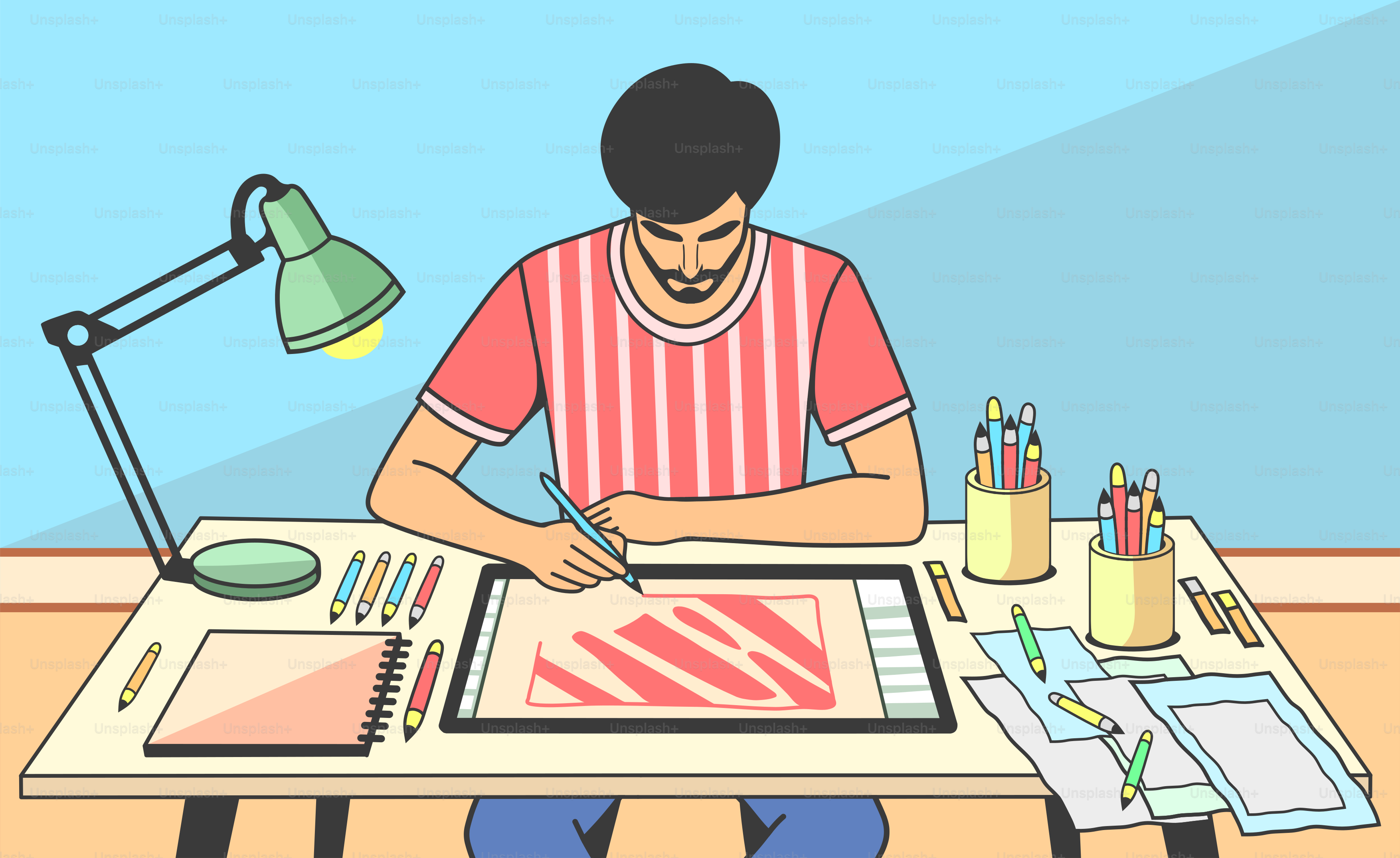 Un artiste dessine à son bureau avec des outils créatifs.