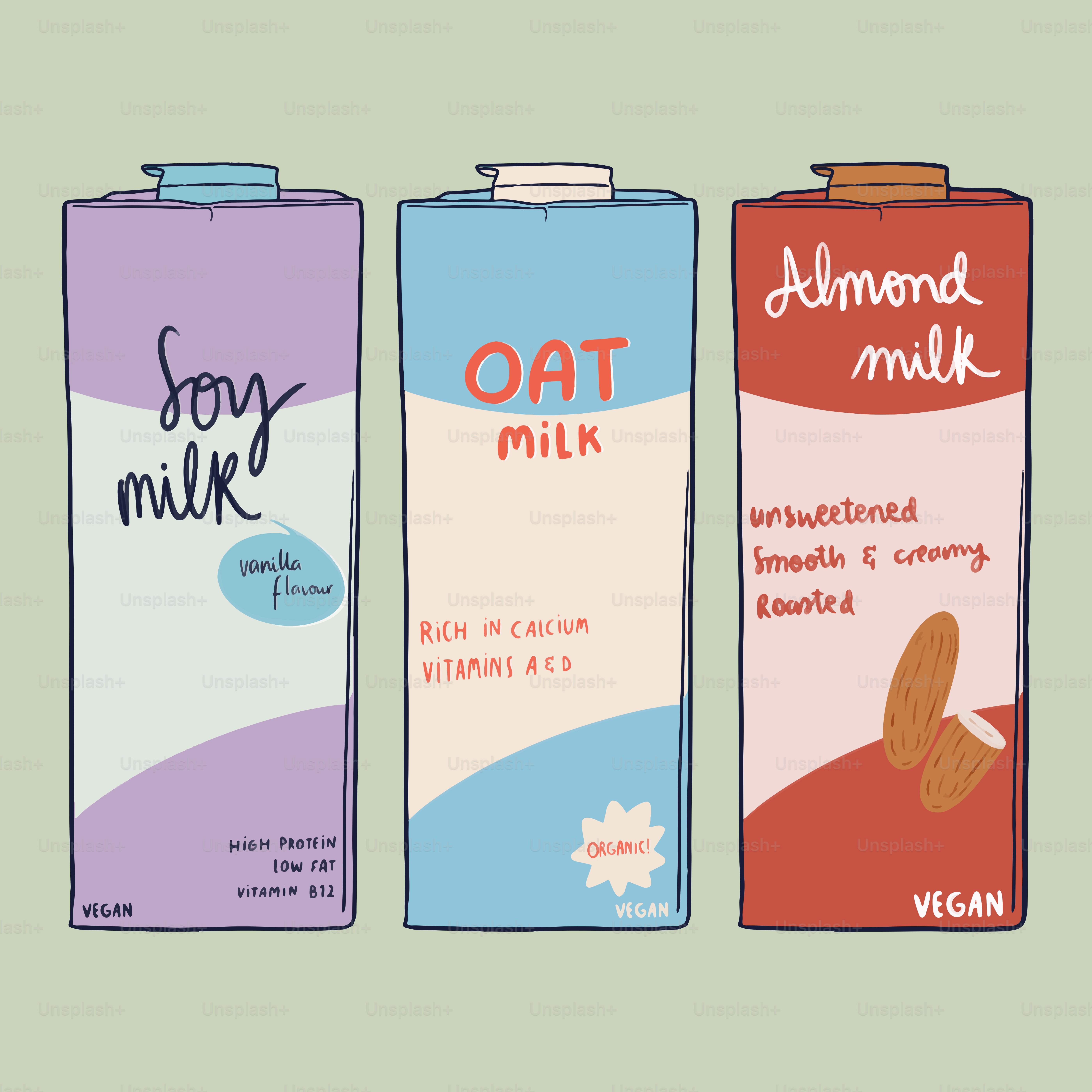 Caixas de leite à base de plantas: soja, aveia e amêndoa.