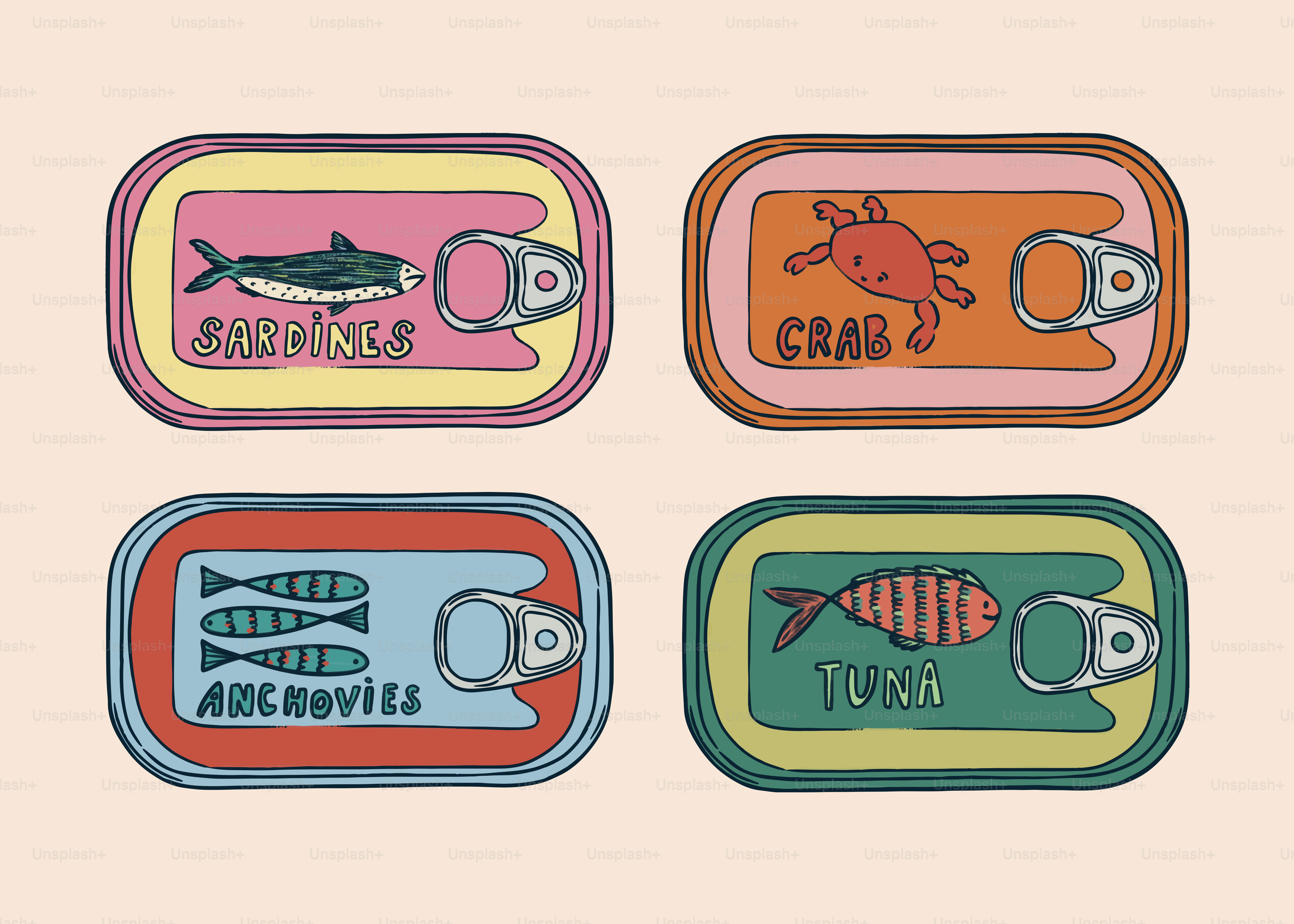 Sardinas, cangrejo, anchoas y atún en conserva.