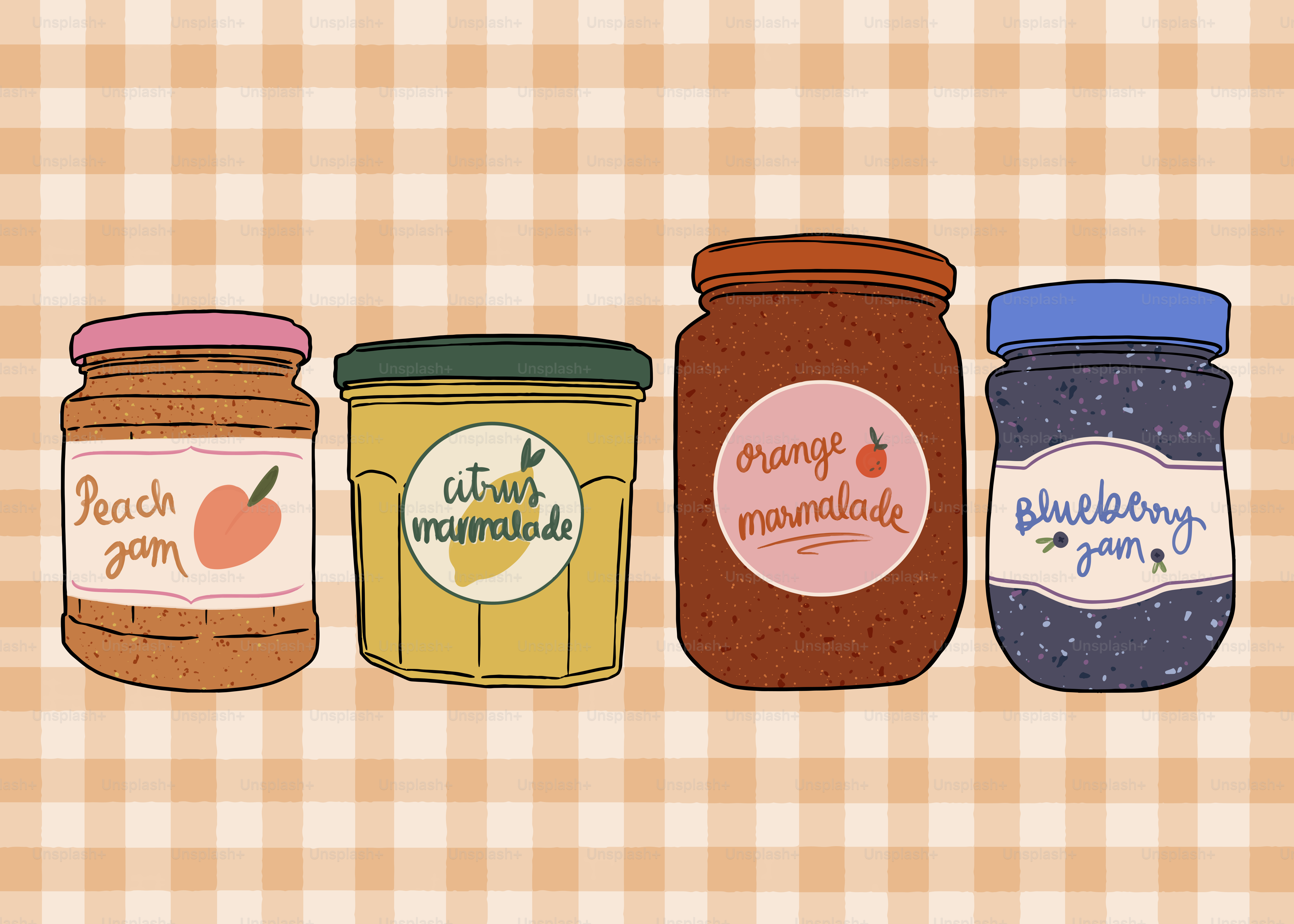Jars of peach, citrus, orange, and blueberry jam.