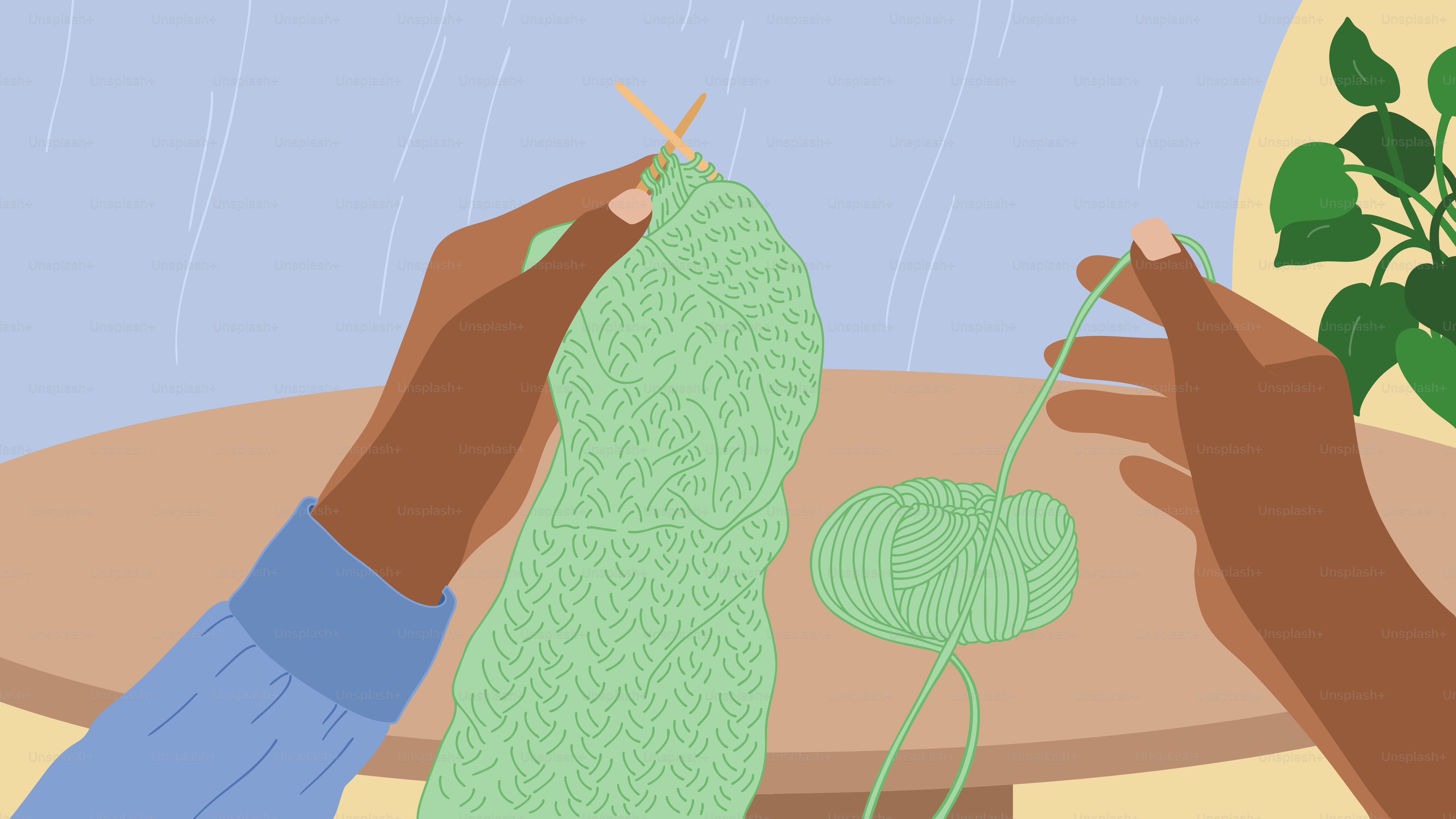 Knitting with green yarn on a cozy day.