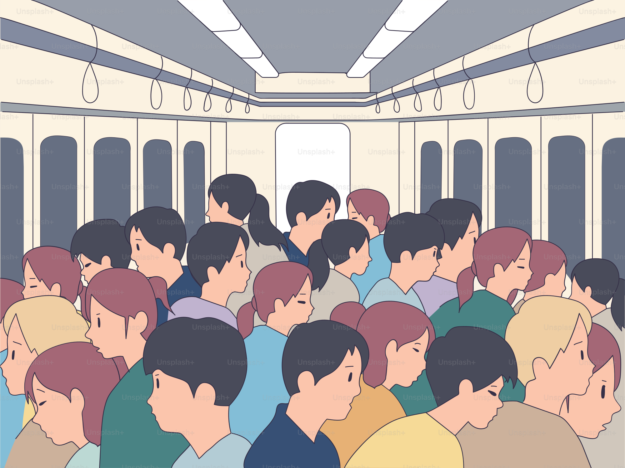 Crowded subway train with many passengers.