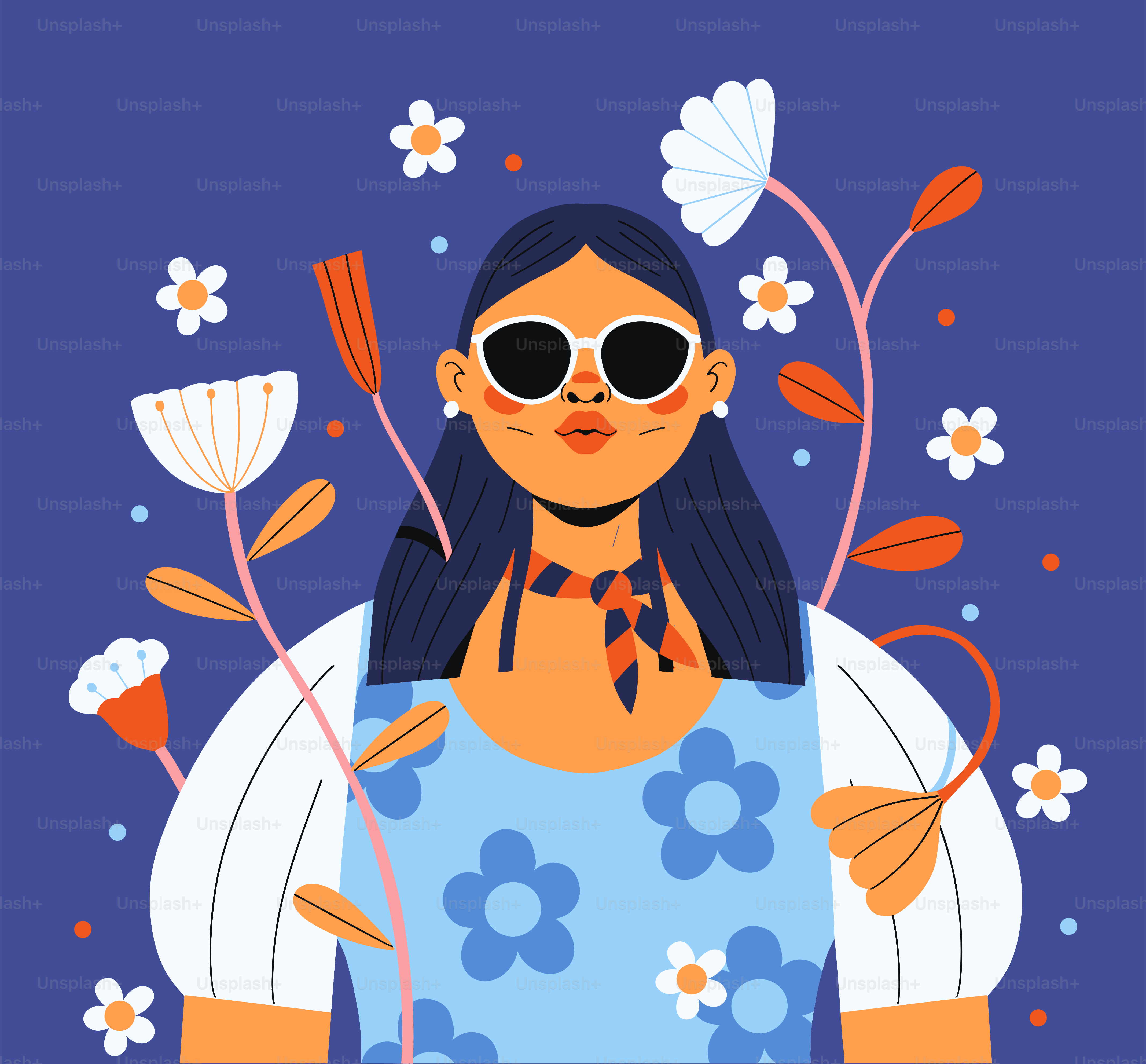 Stylish woman surrounded by flowers and a blue background.