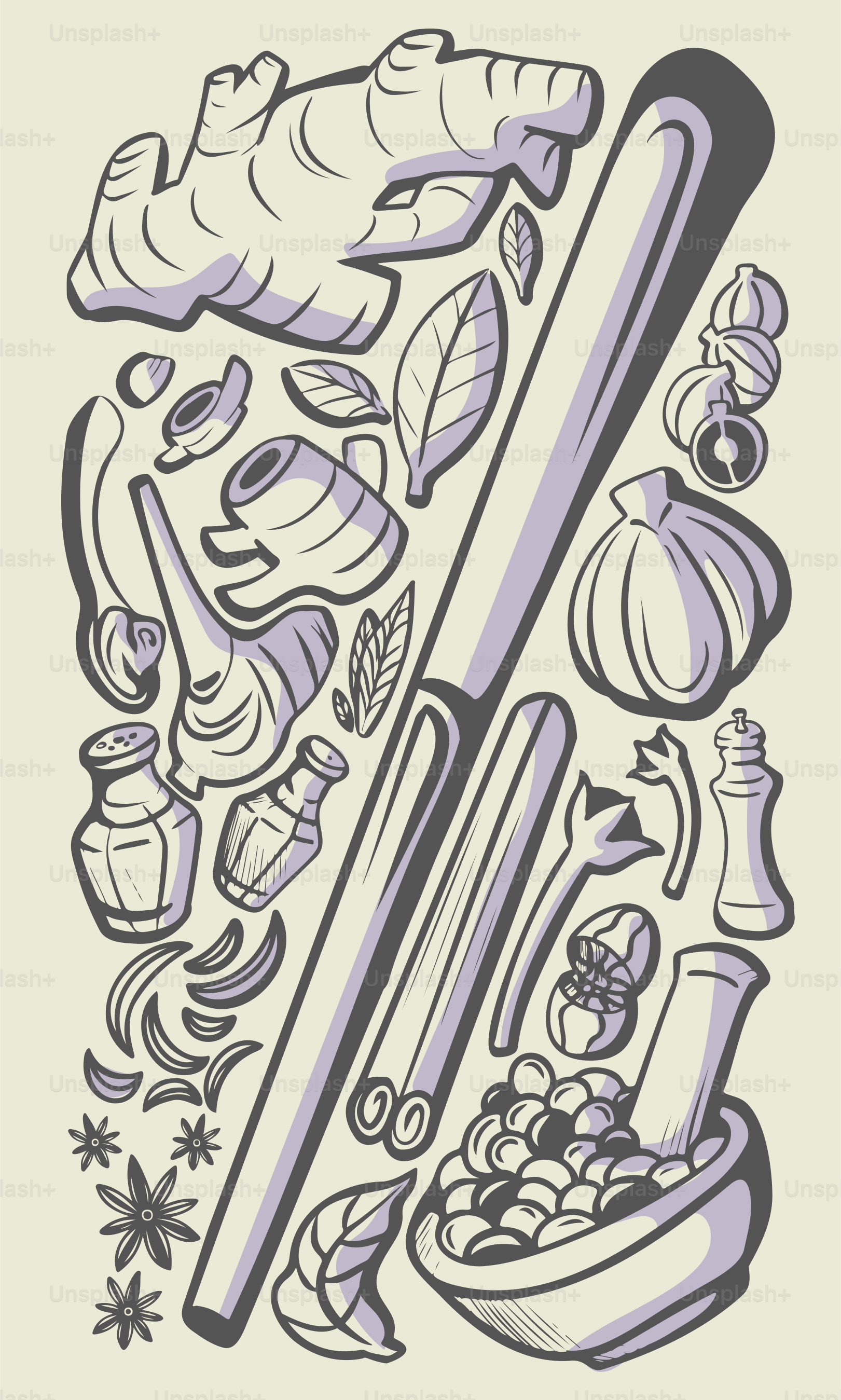 Various spices and herbs are depicted in the illustration.