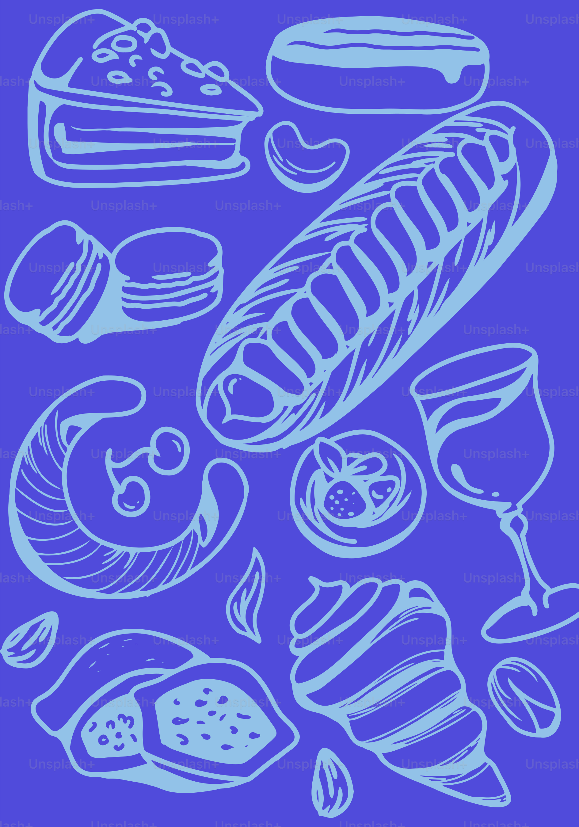 Desserts, pastries, and treats in cool, blue tones.