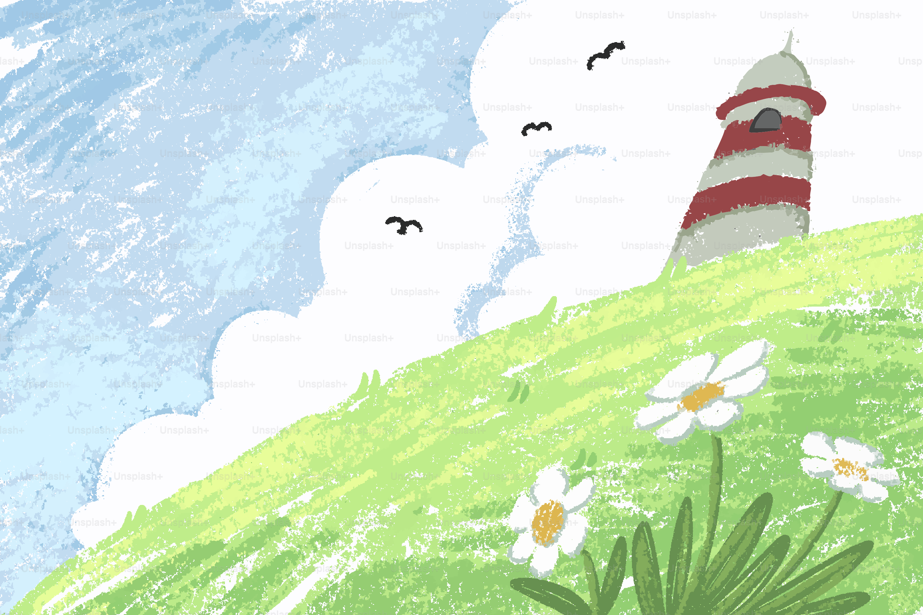 Lighthouse overlooks a flowery hillside with blue skies.