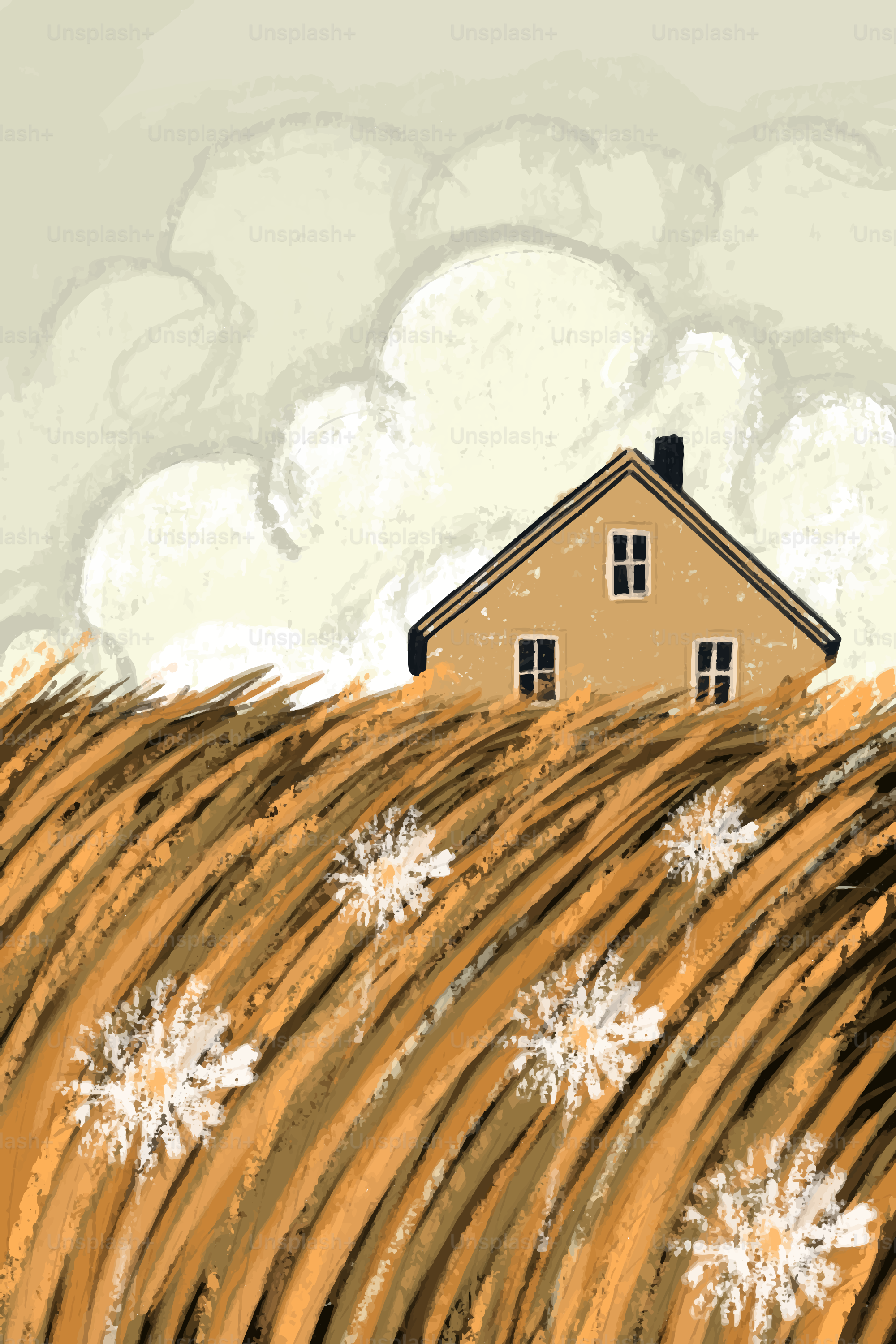 A house sits amidst tall grass and daisies.