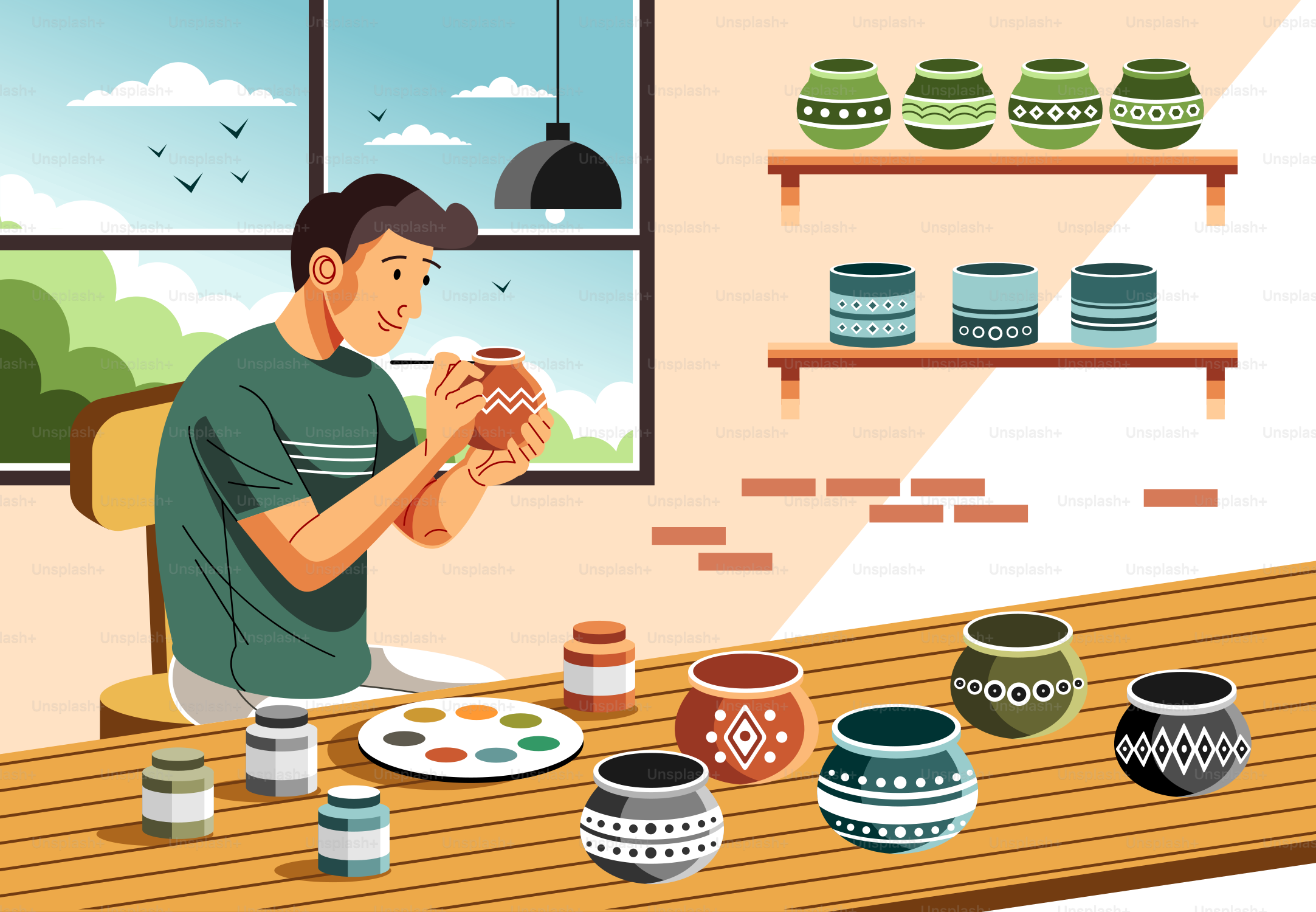 O homem está pintando cerâmica em um ateliê luminoso e arejado.