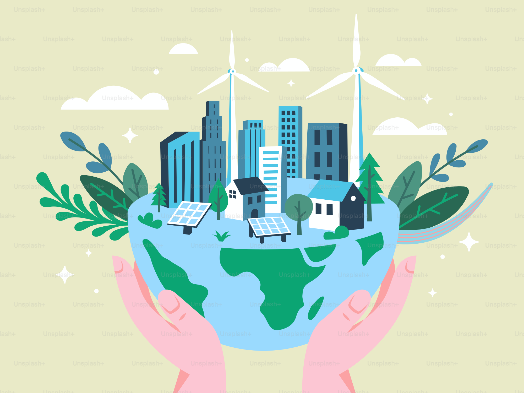 Des mains tiennent la terre avec une ville durable.