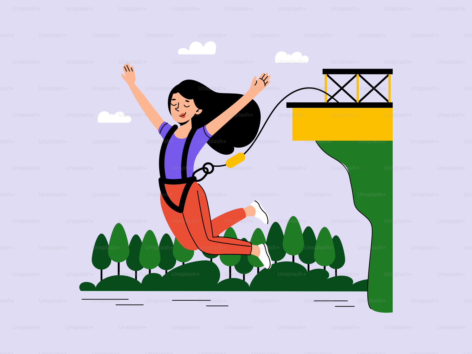 A woman is bungee jumping from a high platform.