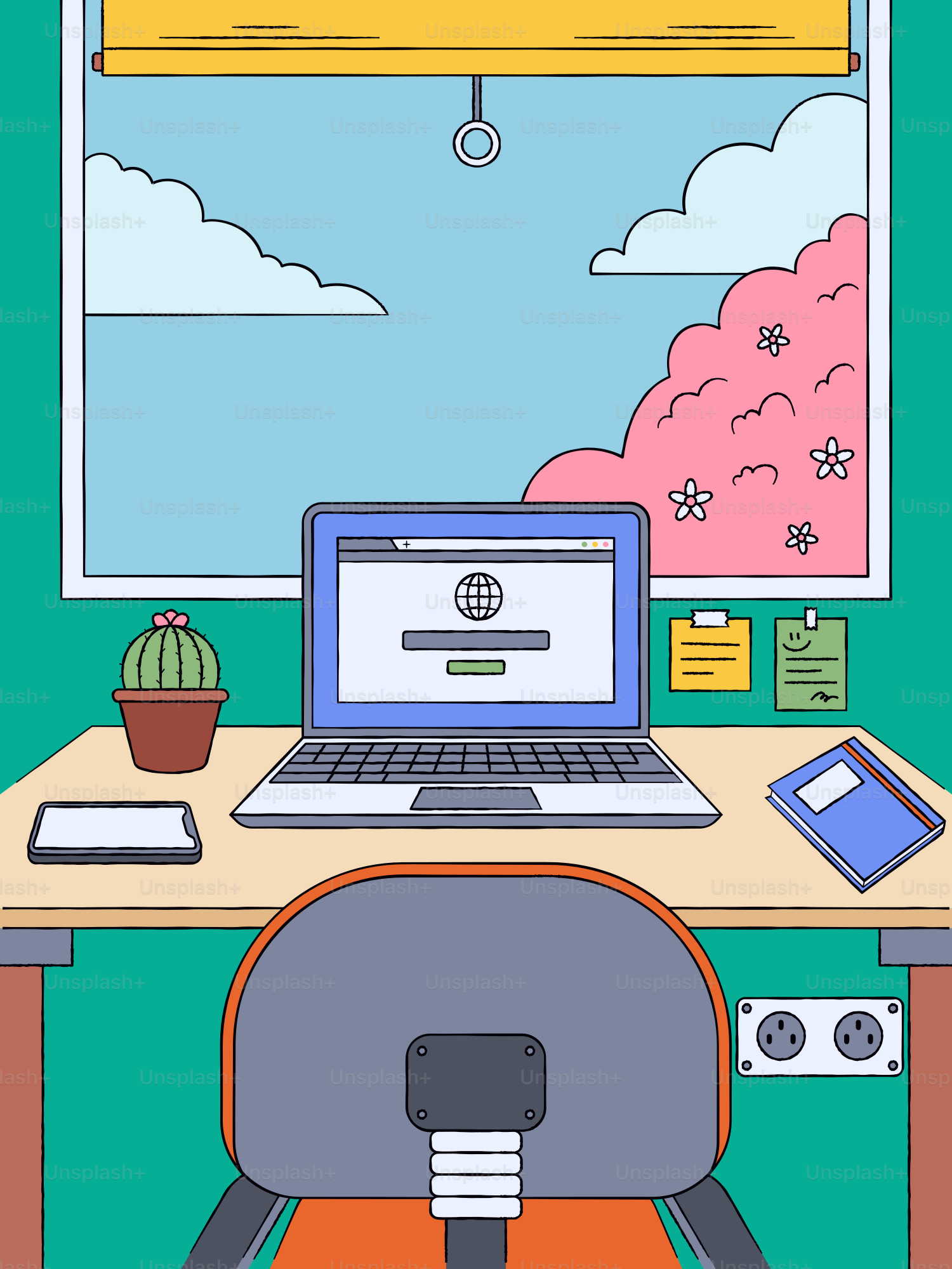 Un ordinateur portable est prêt dans un espace de travail ensoleillé.