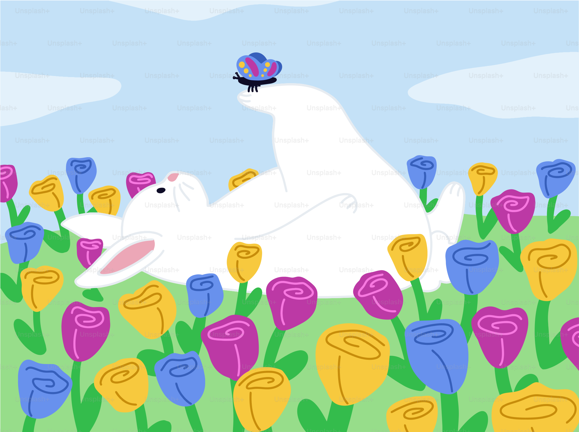 Ein weißer Hase spielt mit einem Schmetterling auf einem Blumenfeld.