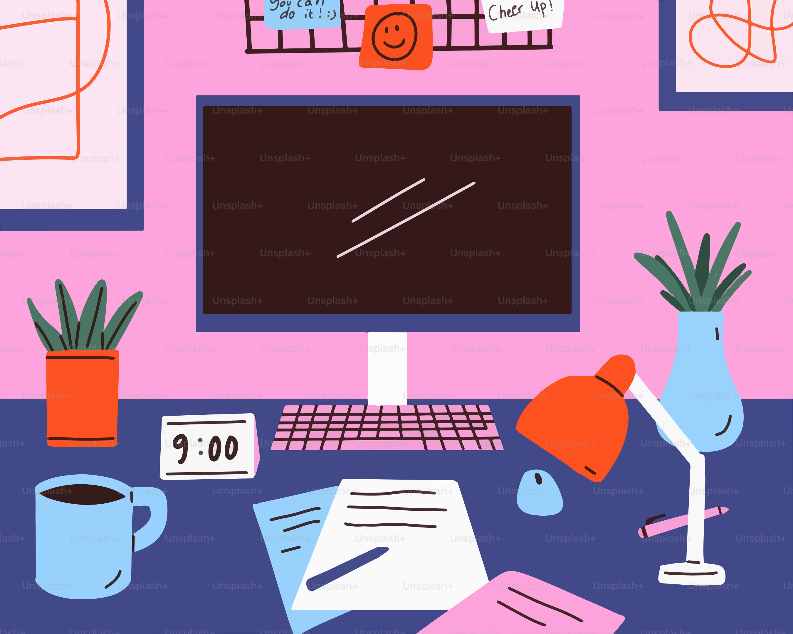 Ein gut organisierter Schreibtisch, bereit für die Arbeit.