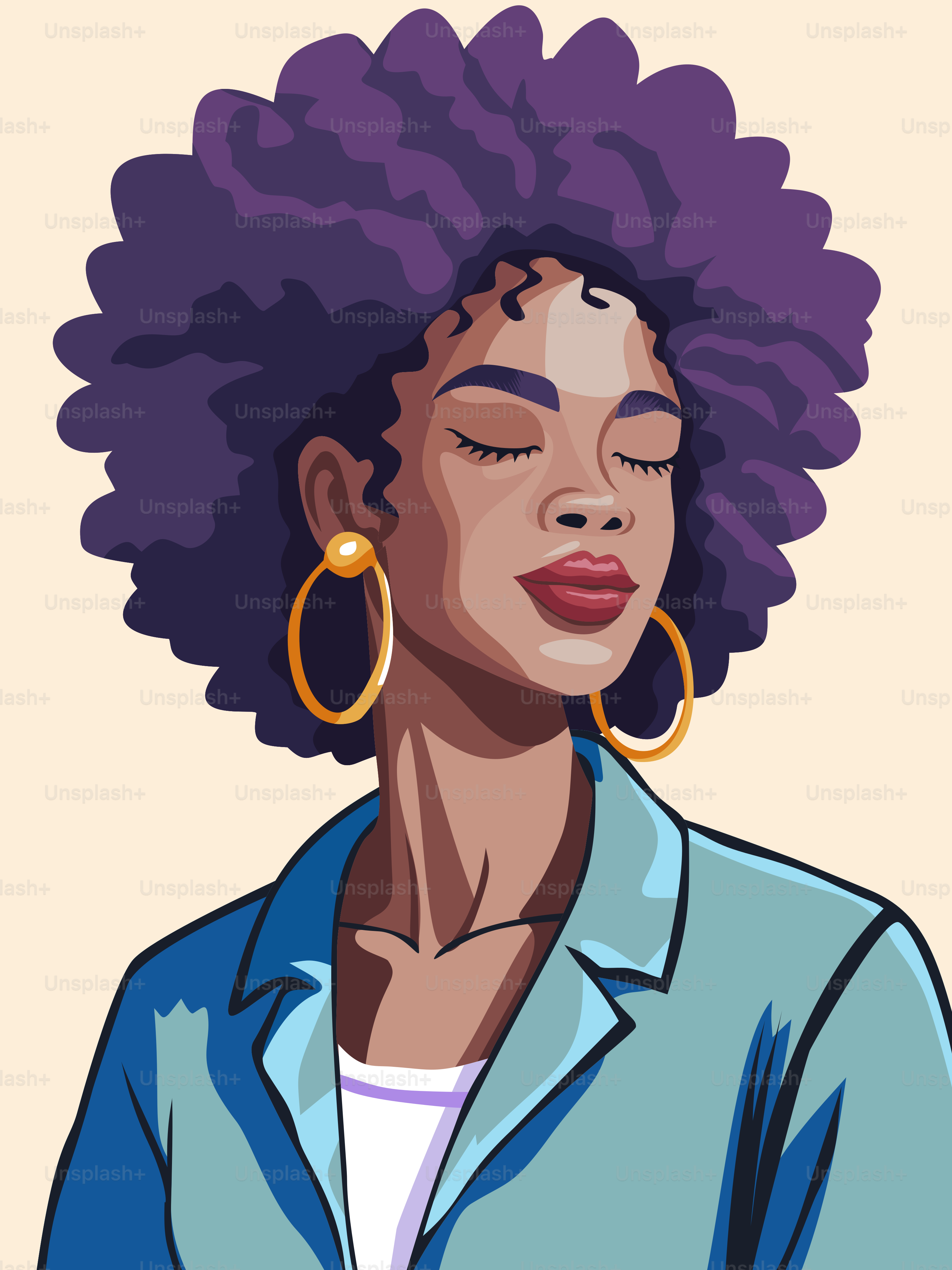 A woman with purple hair and golden earrings.