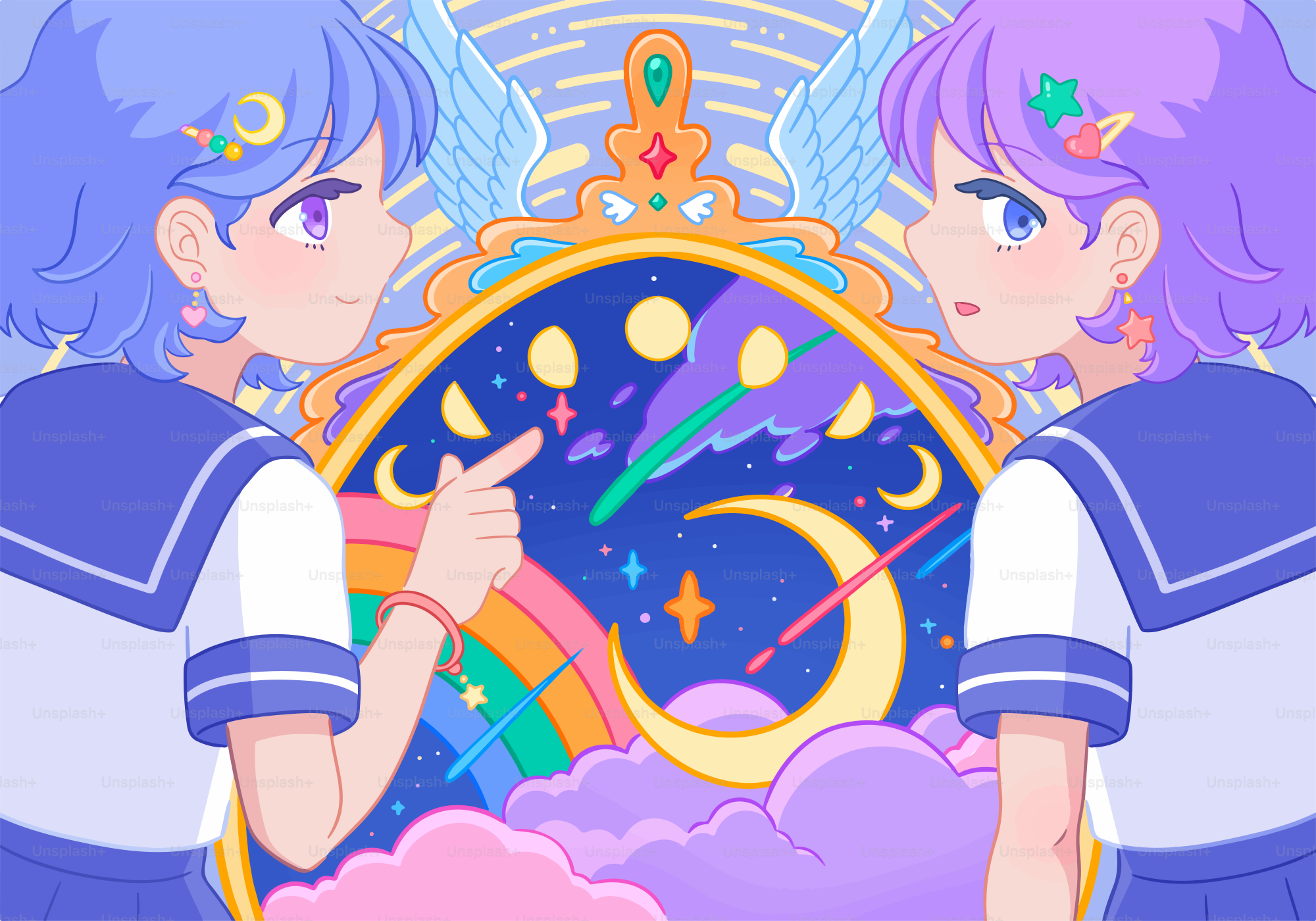 Dos chicas admiran el reflejo de un espejo mágico.