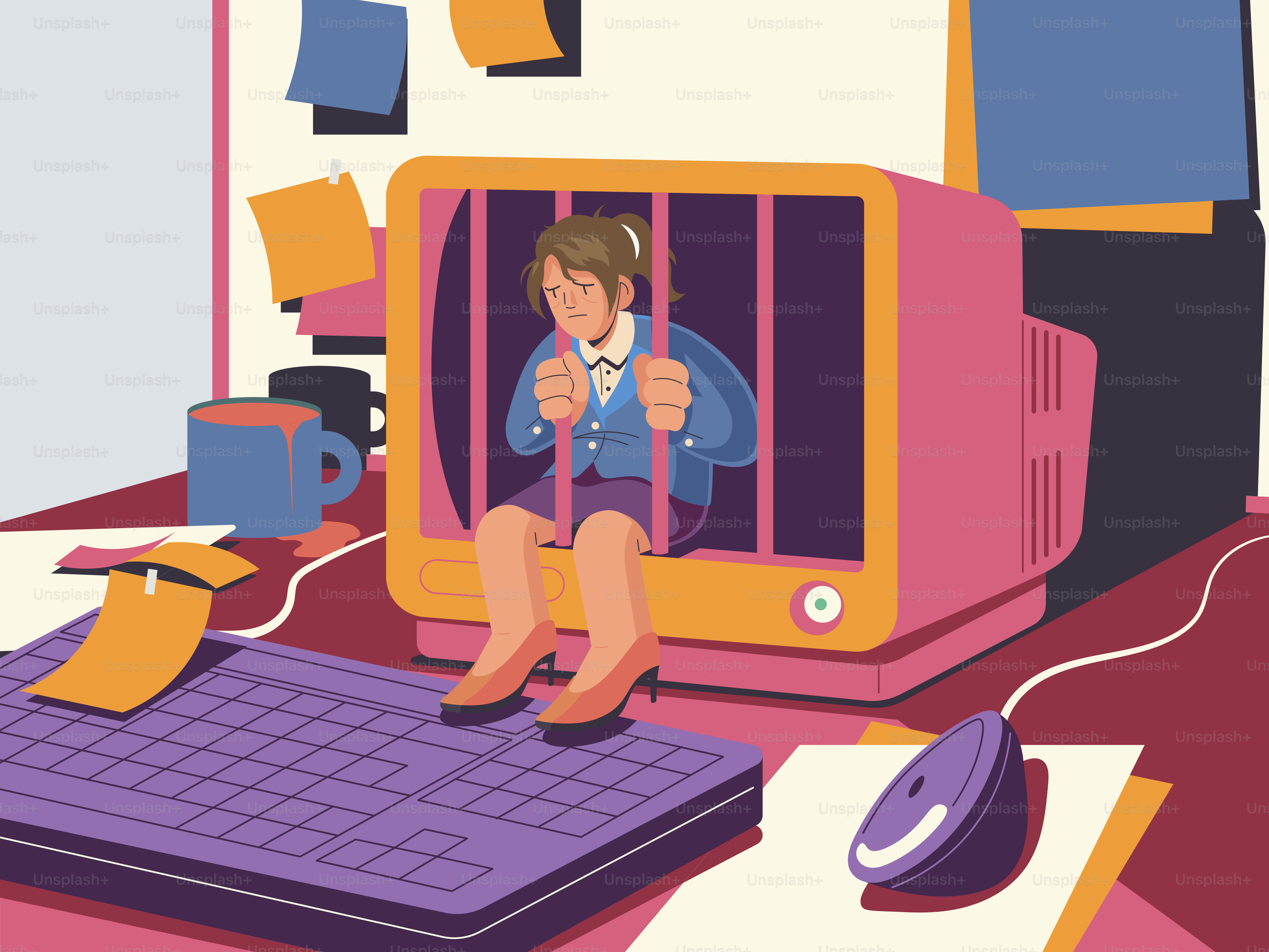 Woman is trapped inside a computer monitor.