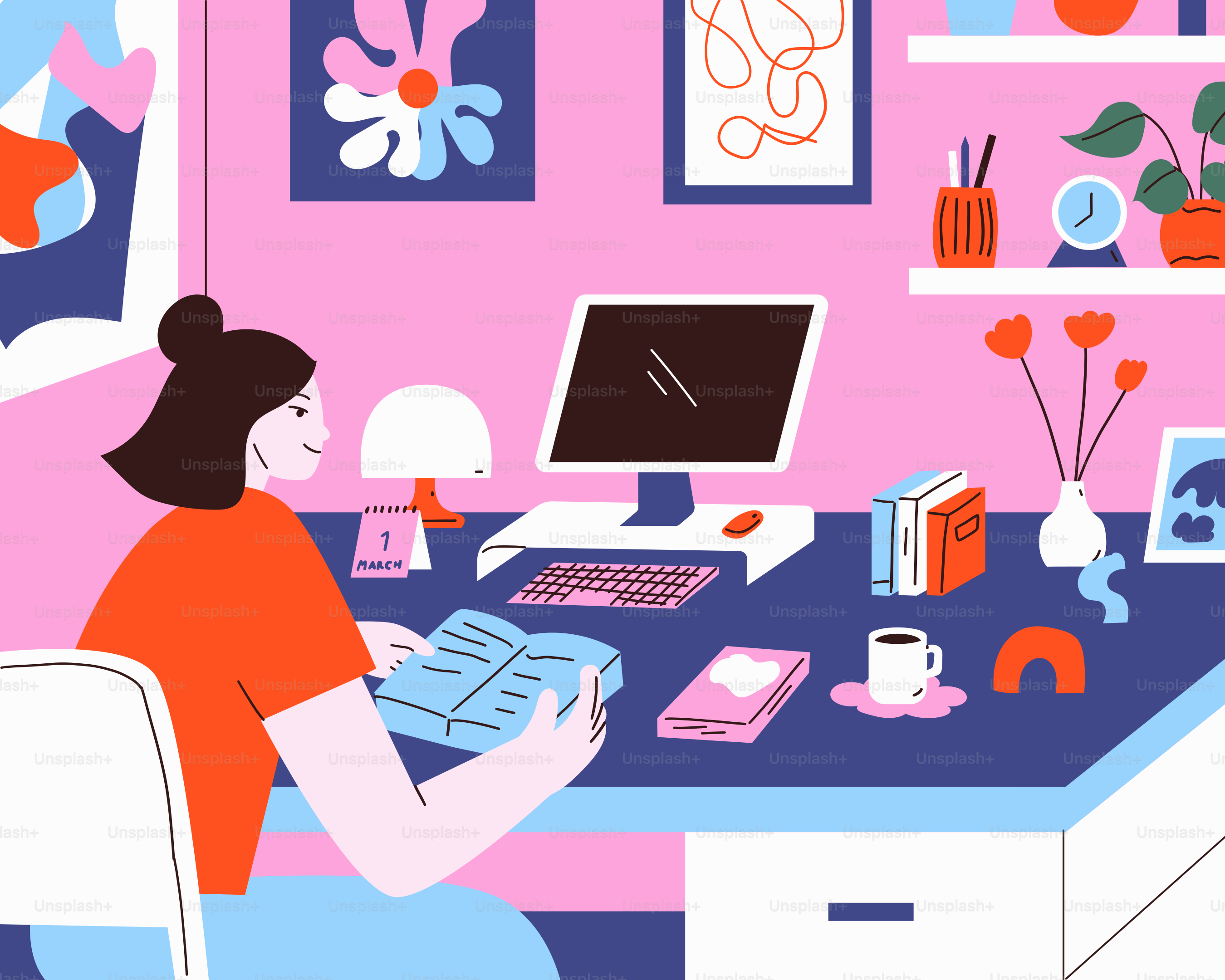 Woman reads in a colorful and cozy home office.