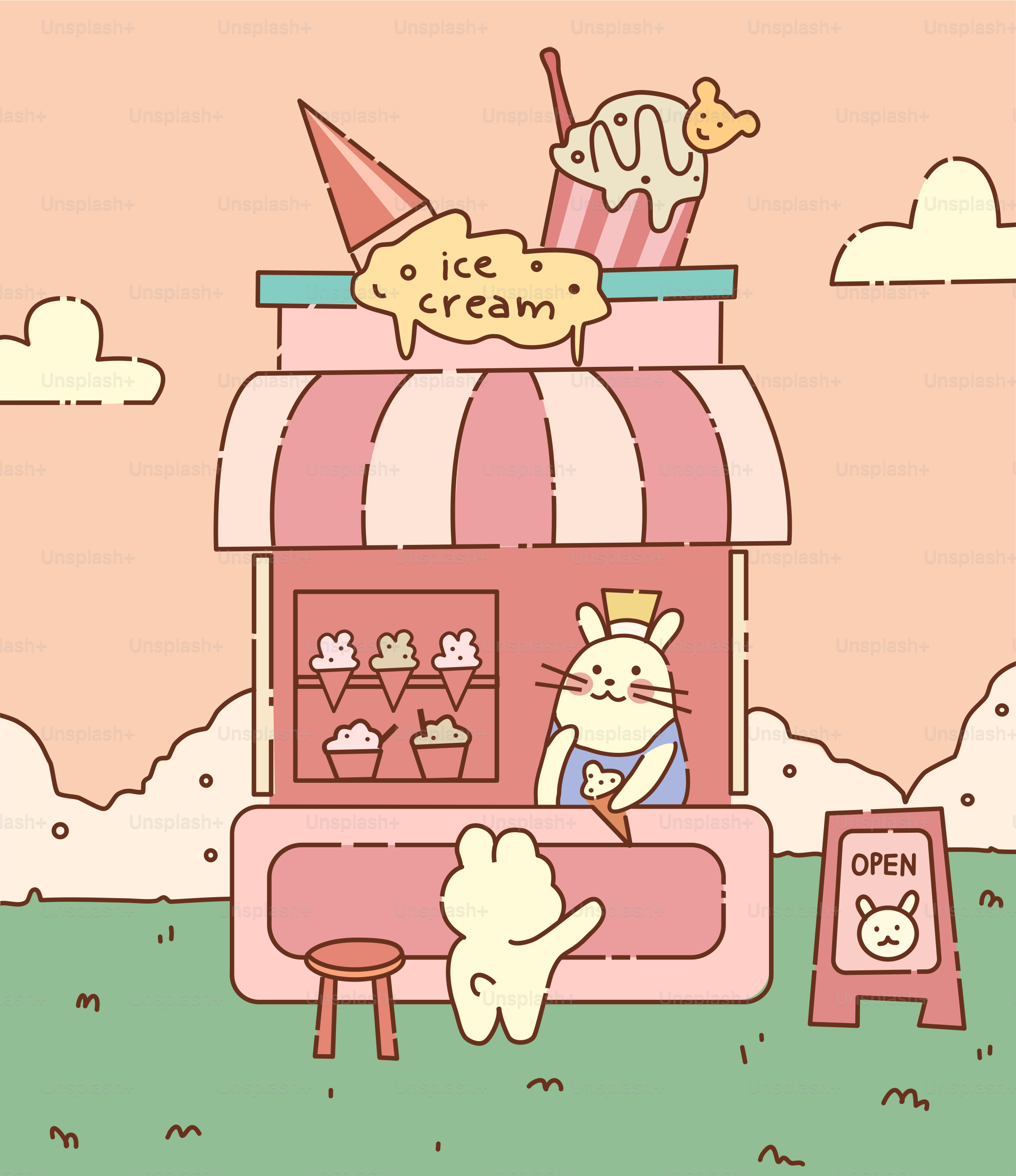 A bunny sells ice cream at the cute shop.
