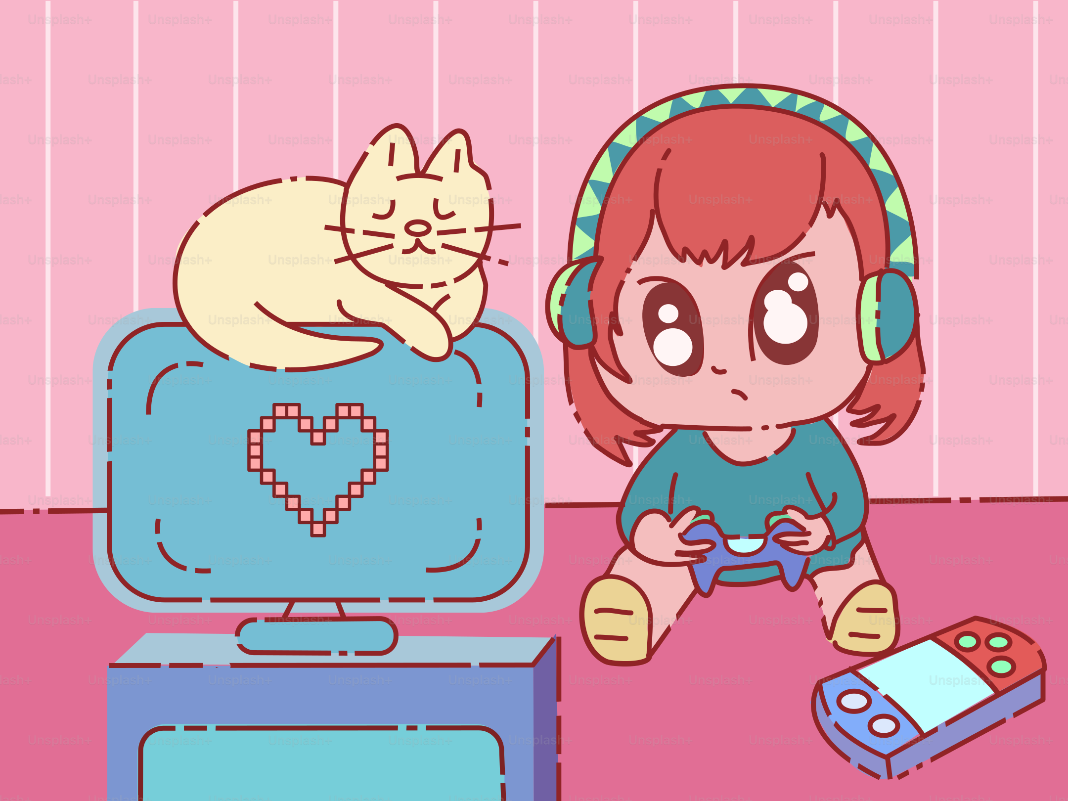 Seorang anak bermain video game dengan kucing mereka.