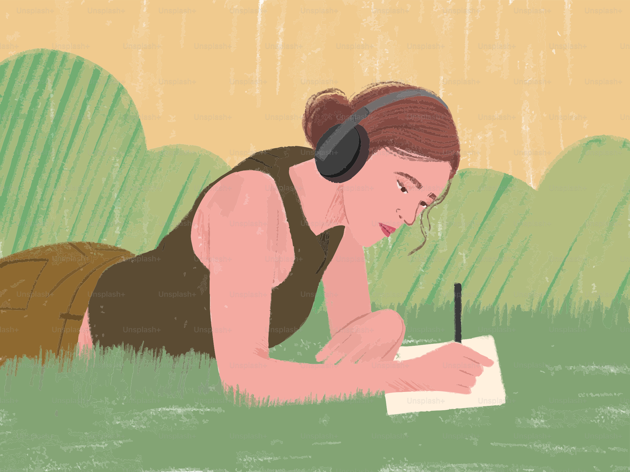 Woman writes in a notebook while listening to music.