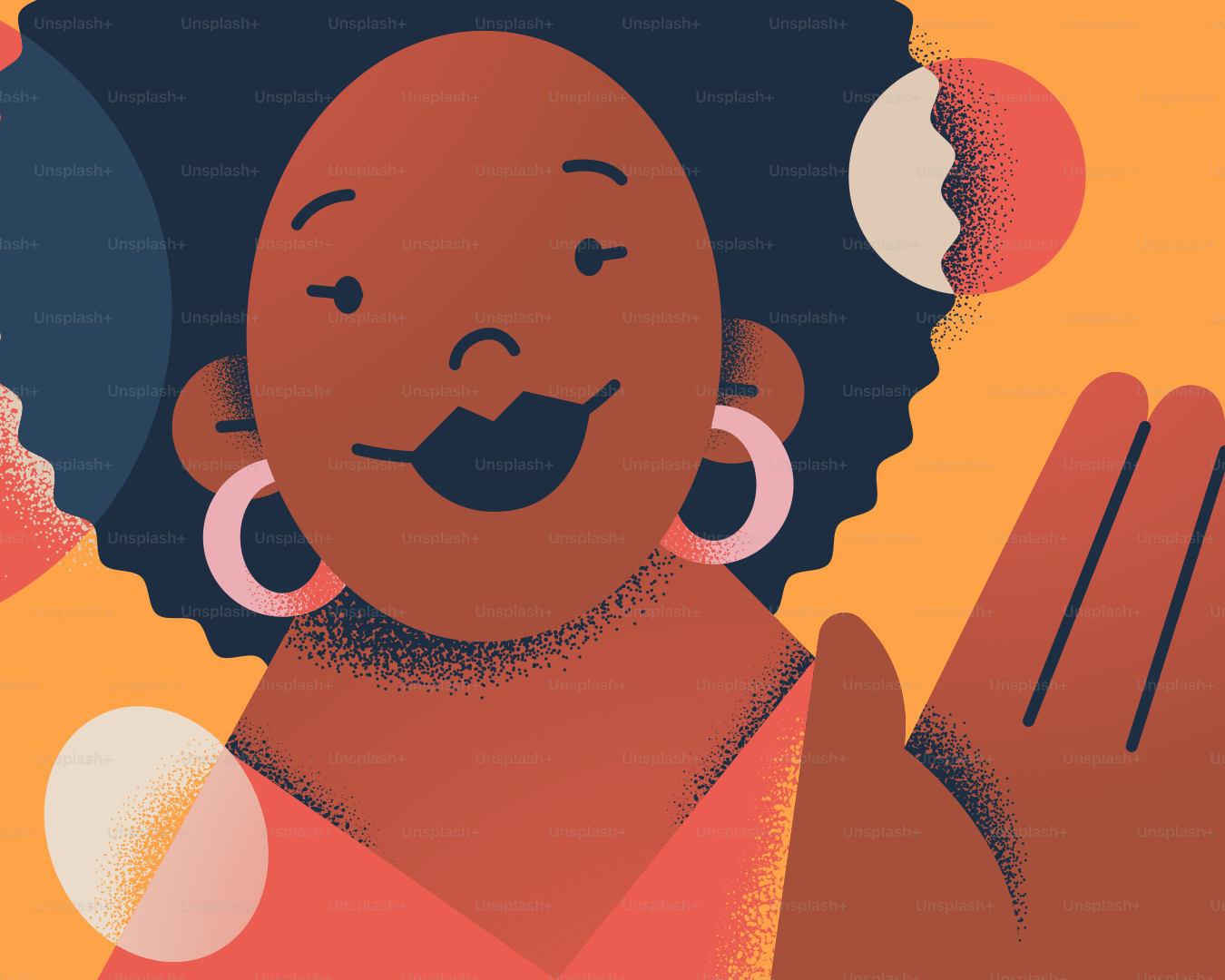 Happy woman waving, colorful, abstract illustration.