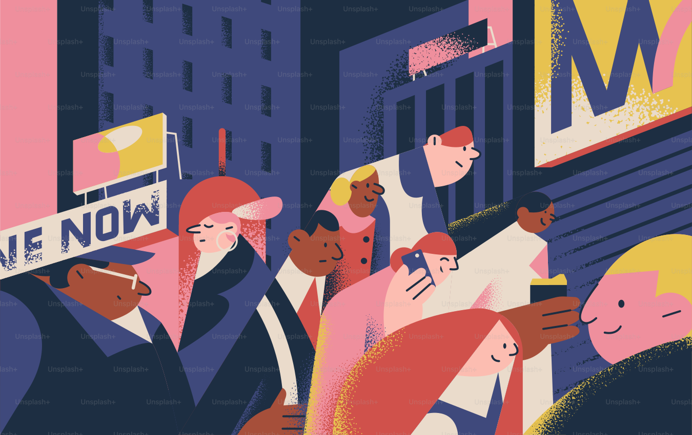 People crowd a city street under neon lights.