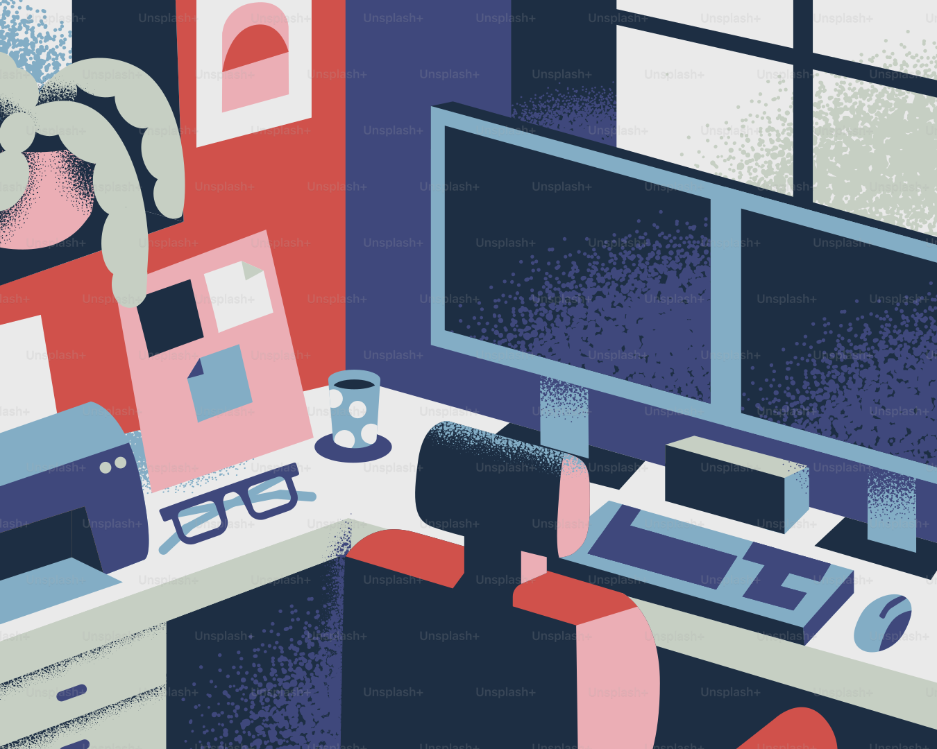 Cozy workspace with dual monitors and home office setup.