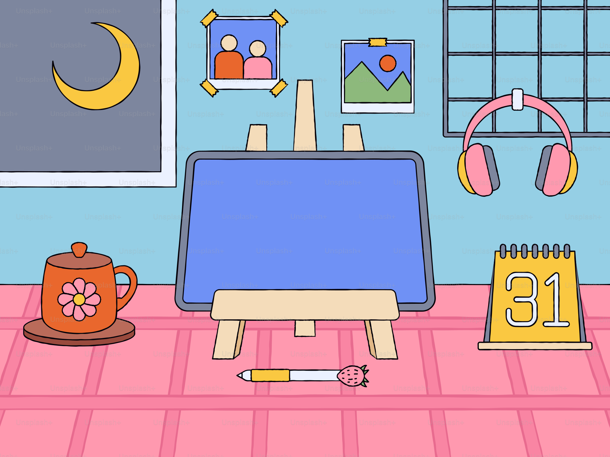 Um espaço de trabalho artístico com acessórios e materiais de mesa.