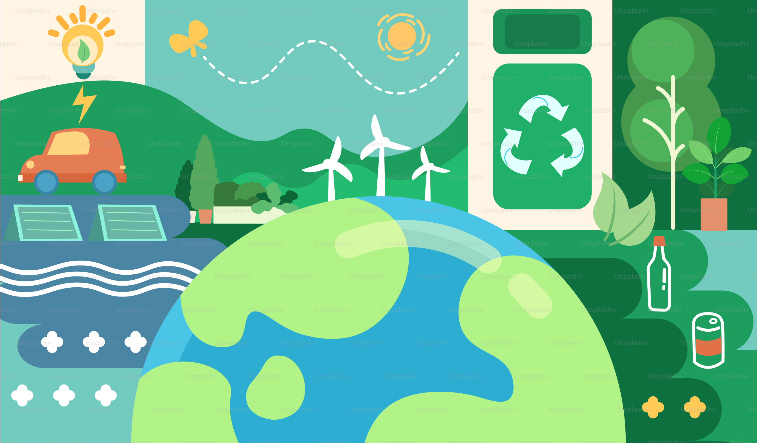 Earth showing sustainable energy and recycling.