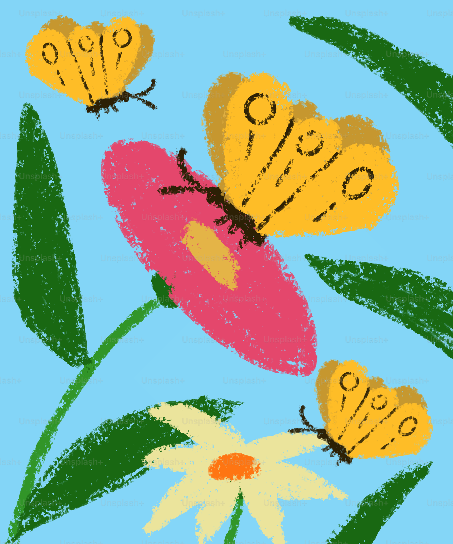 Butterflies surround vibrant flowers on a blue background.