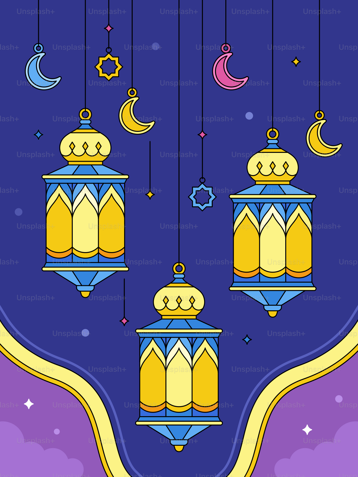 Lanternes, croissants de lune et étoiles décorent un fond festif. vectoriel  – Image de Lune sur Unsplash, image size:3000x4000