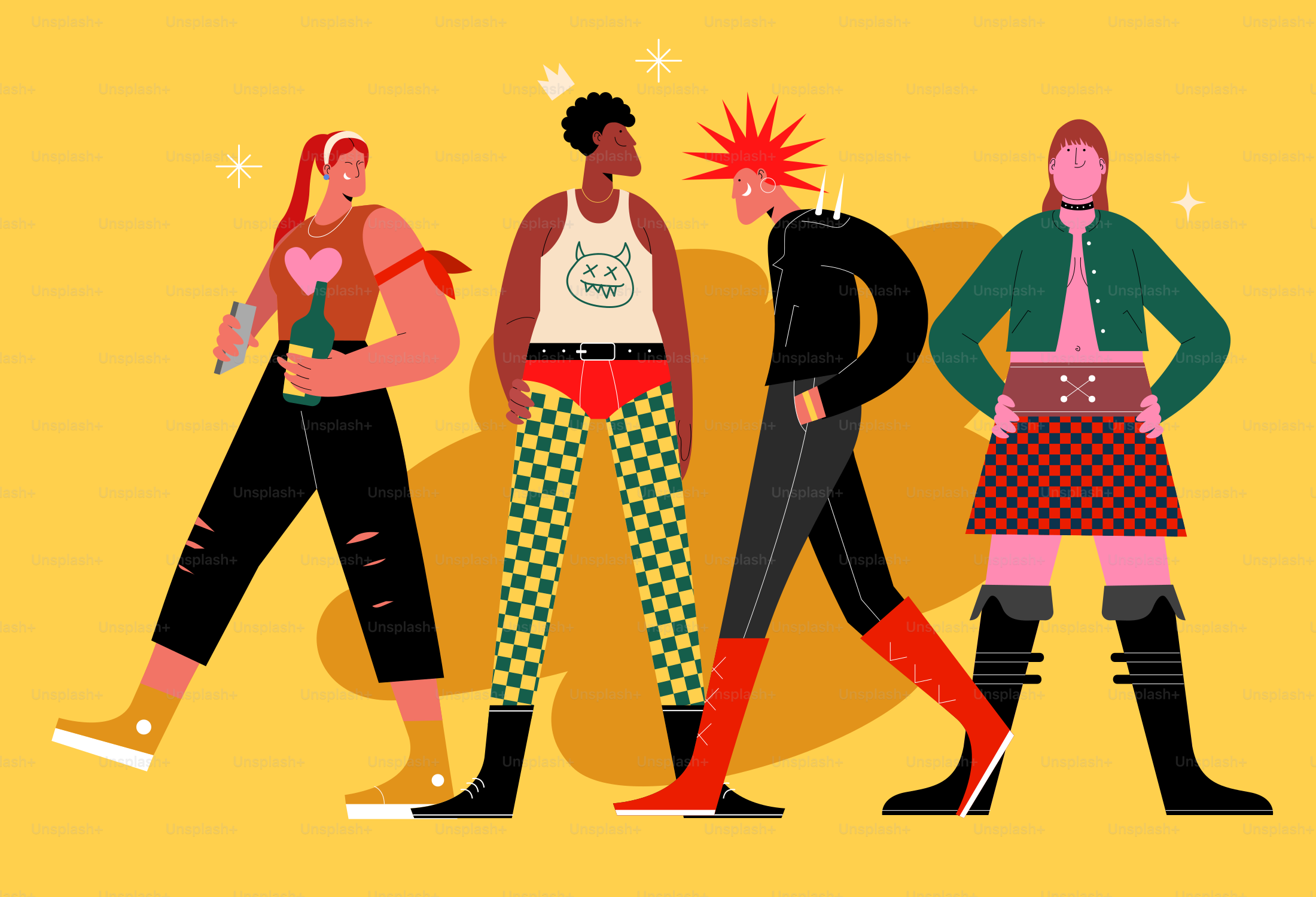 Four stylish, fashionable characters stand together.