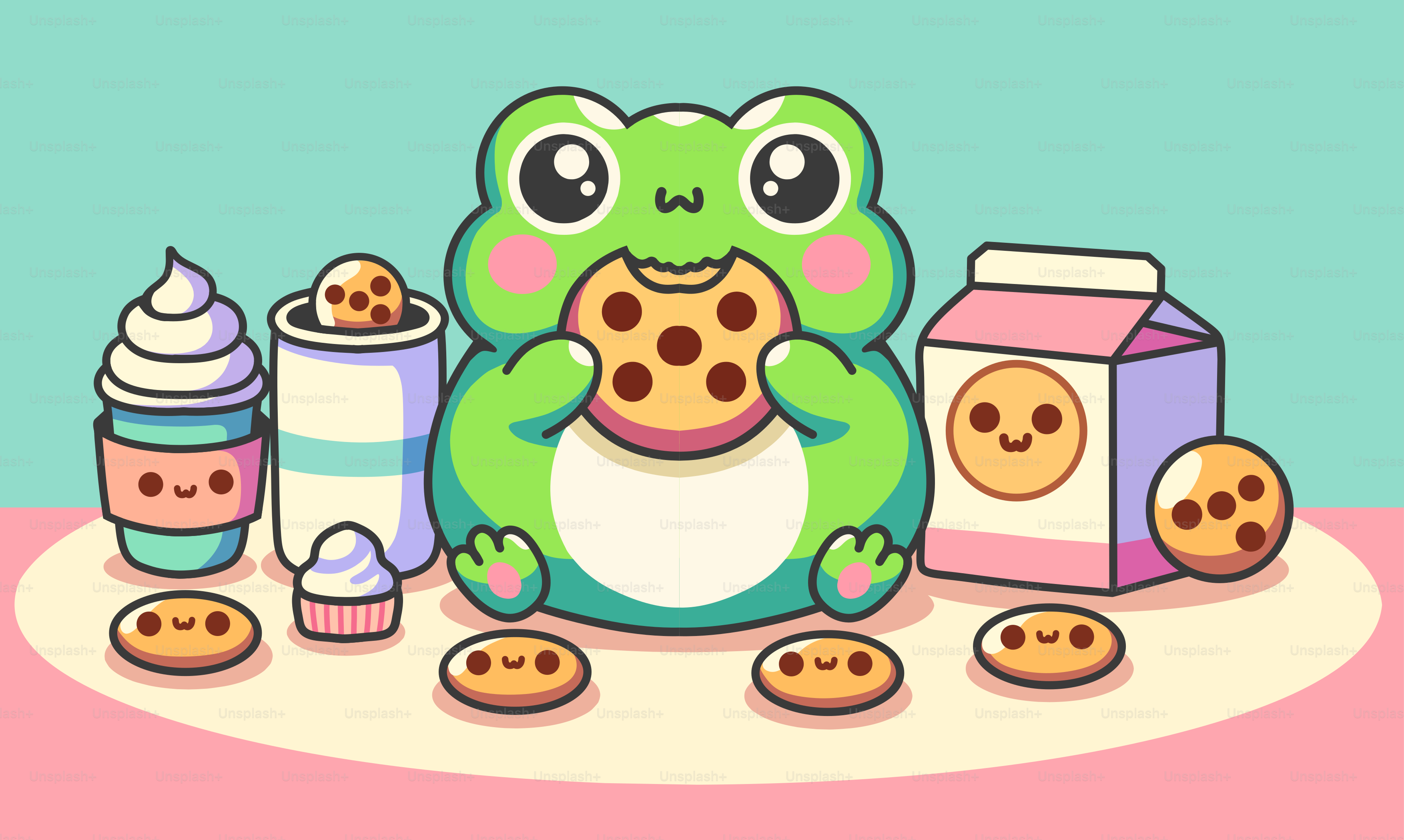 Cute frog eats cookies with snacks and milk.
