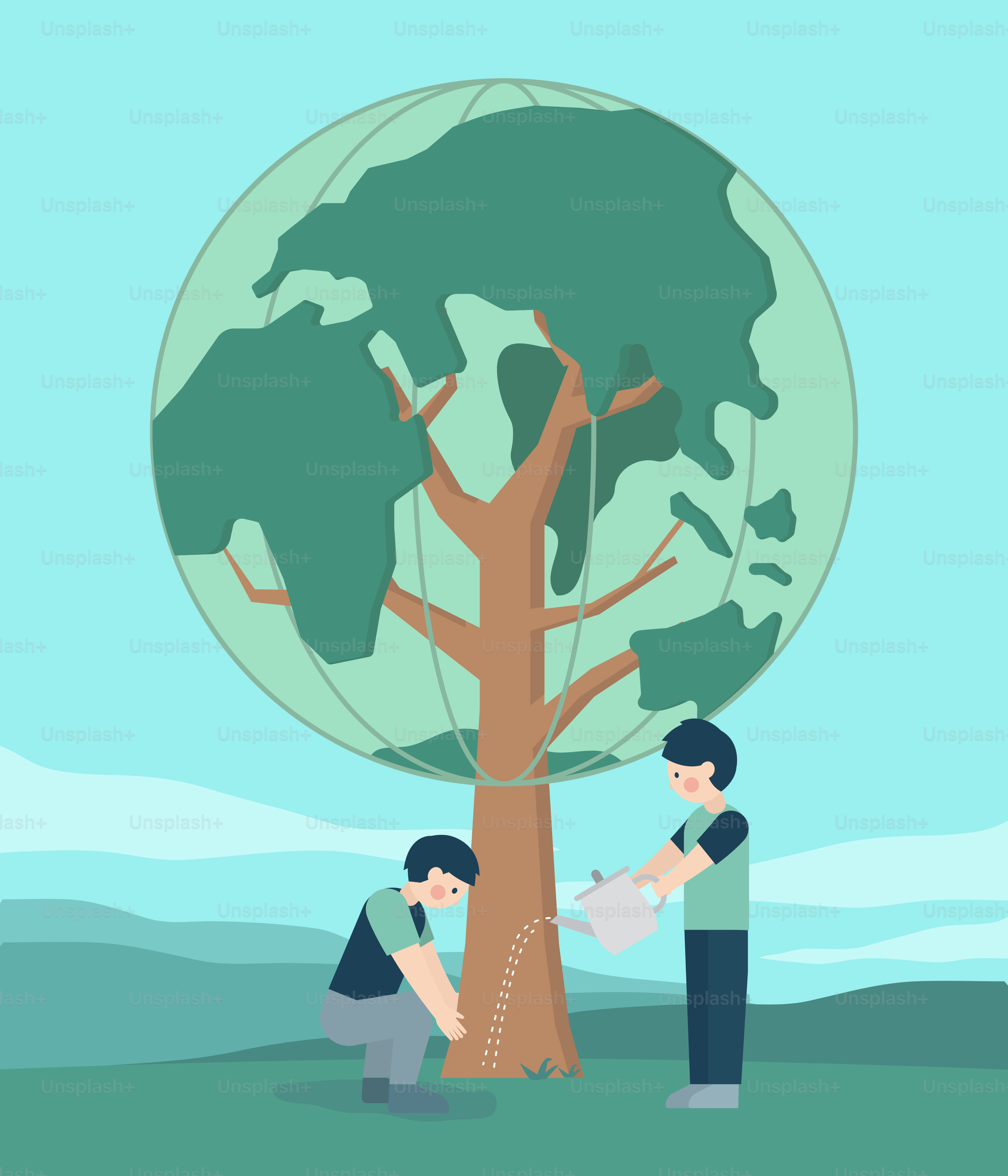 People are planting and watering a world tree.