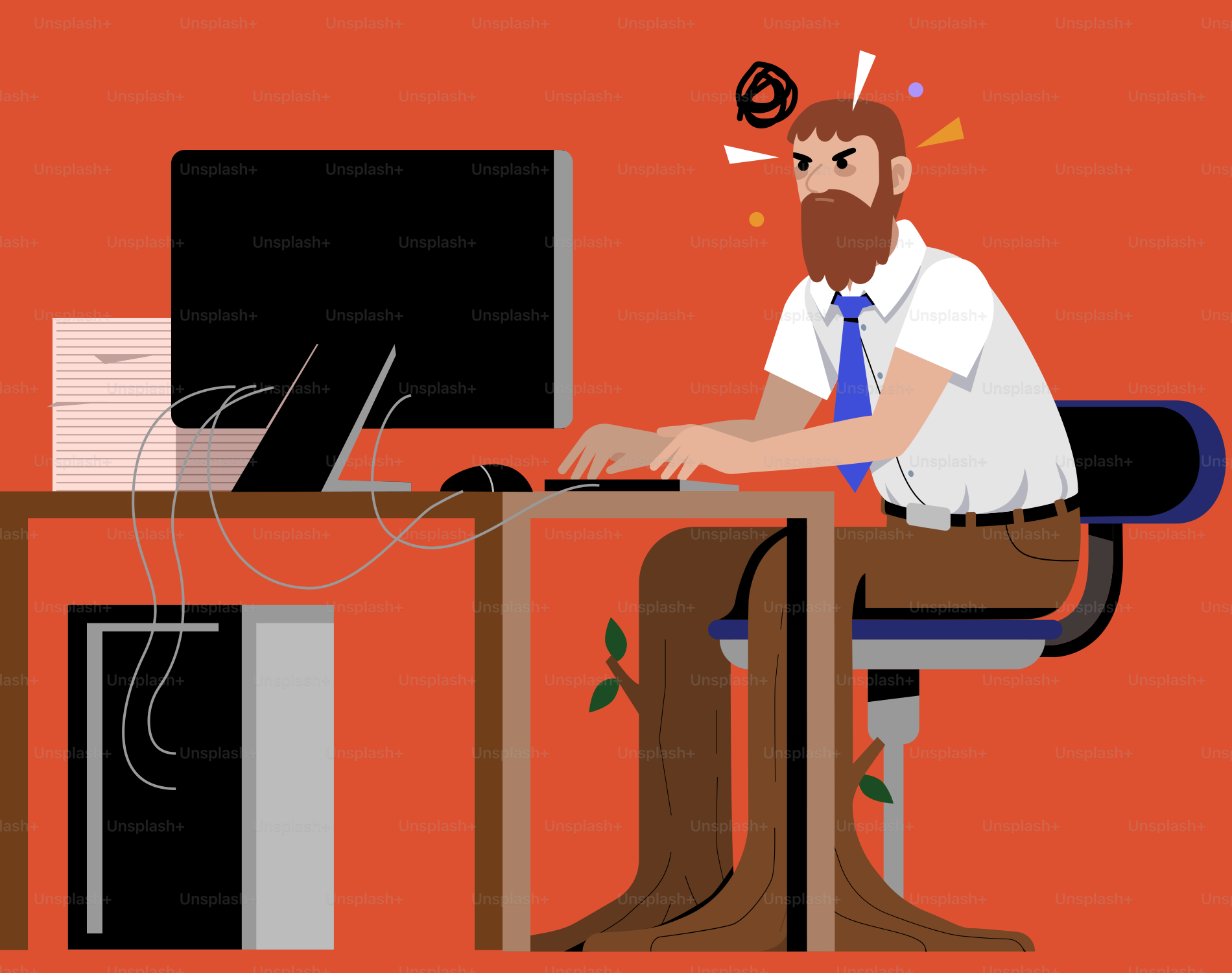 Frustrated worker with tree roots for legs working.